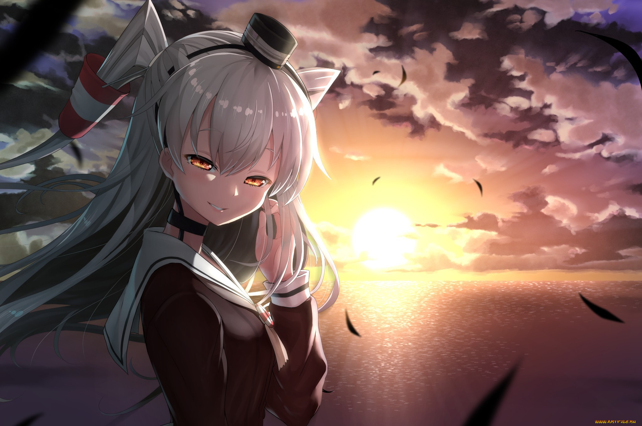 аниме, *unknown, , другое, арт, erokosei, kantai, collection, amatsukaze, девушка, закат, улыбка, море, перья
