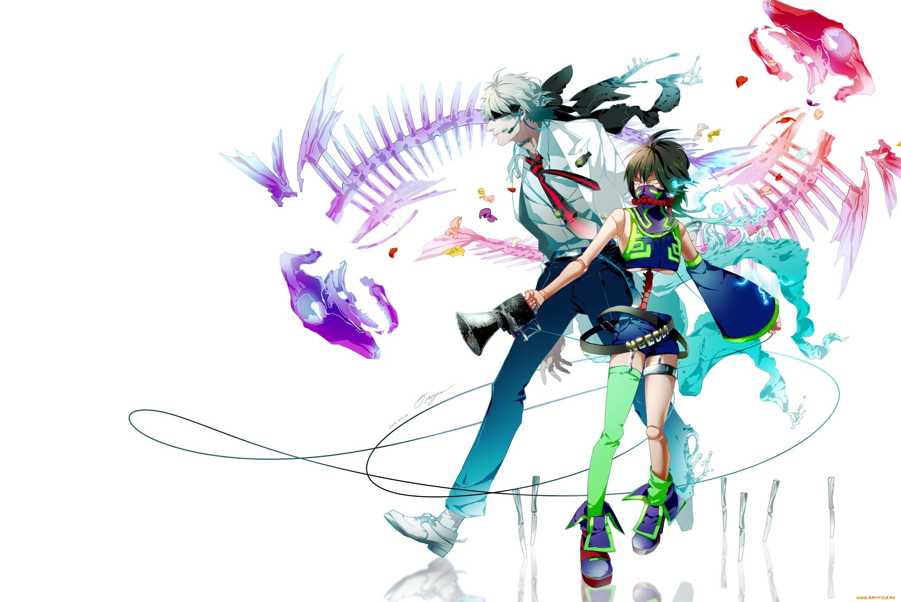 аниме, -headphones, &, instrumental, провод, микрофон, скелет, парень, девушка, gloria, маска, лепестки, otani, арт