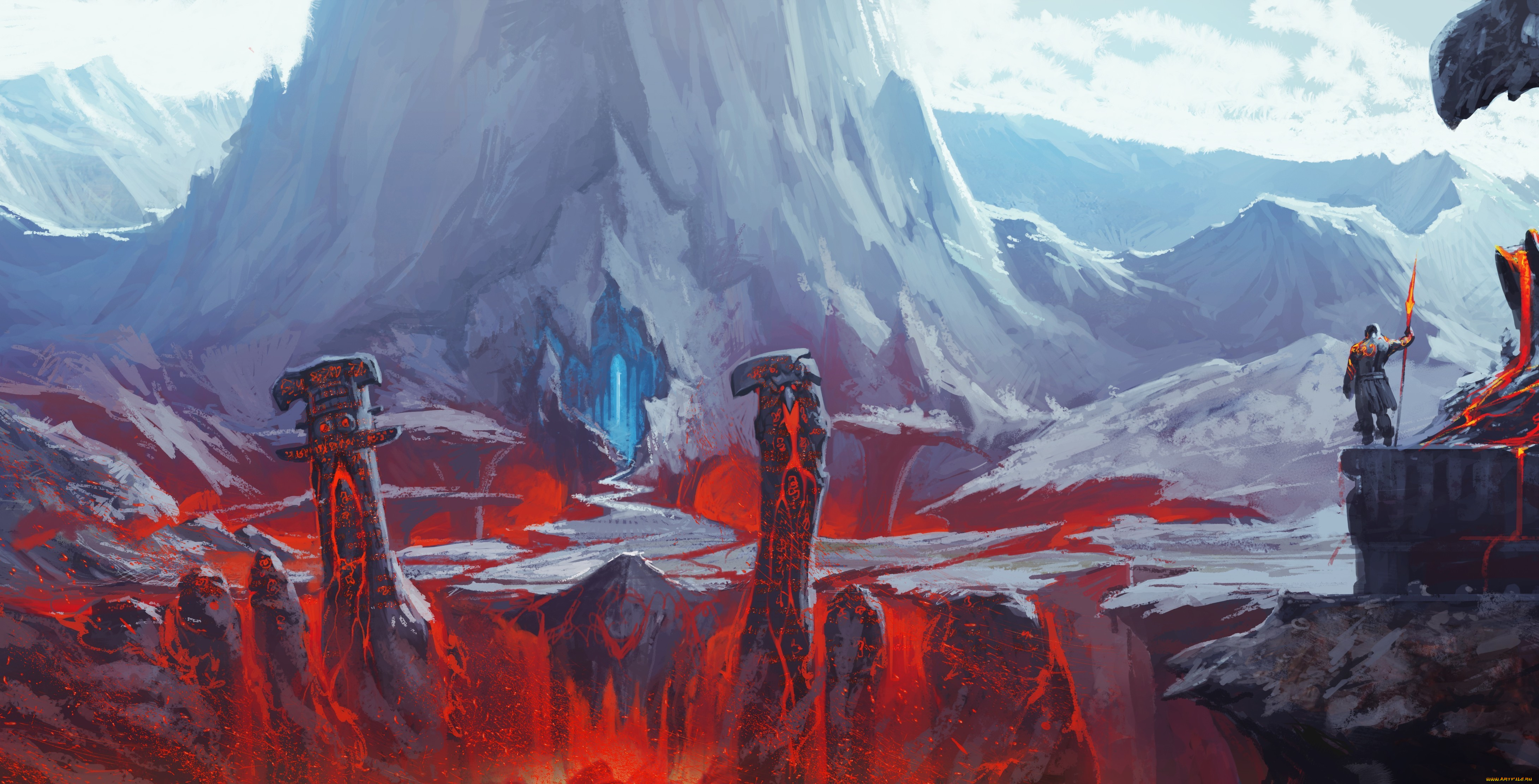 фэнтези, иные, миры, , иные, времена, статуи, тотем, вход, пещера, копье, человек, лава, гора, фантастика, арт