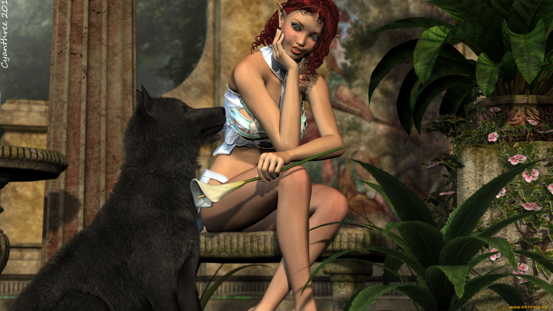 3д, графика, эльфы, , elves, эльфийка, зелень, собака, взгляд, фон