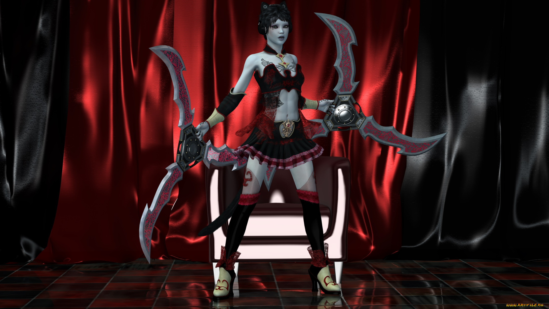 3д, графика, фантазия, , fantasy, девушка, взгляд, фон, оружие, кресло