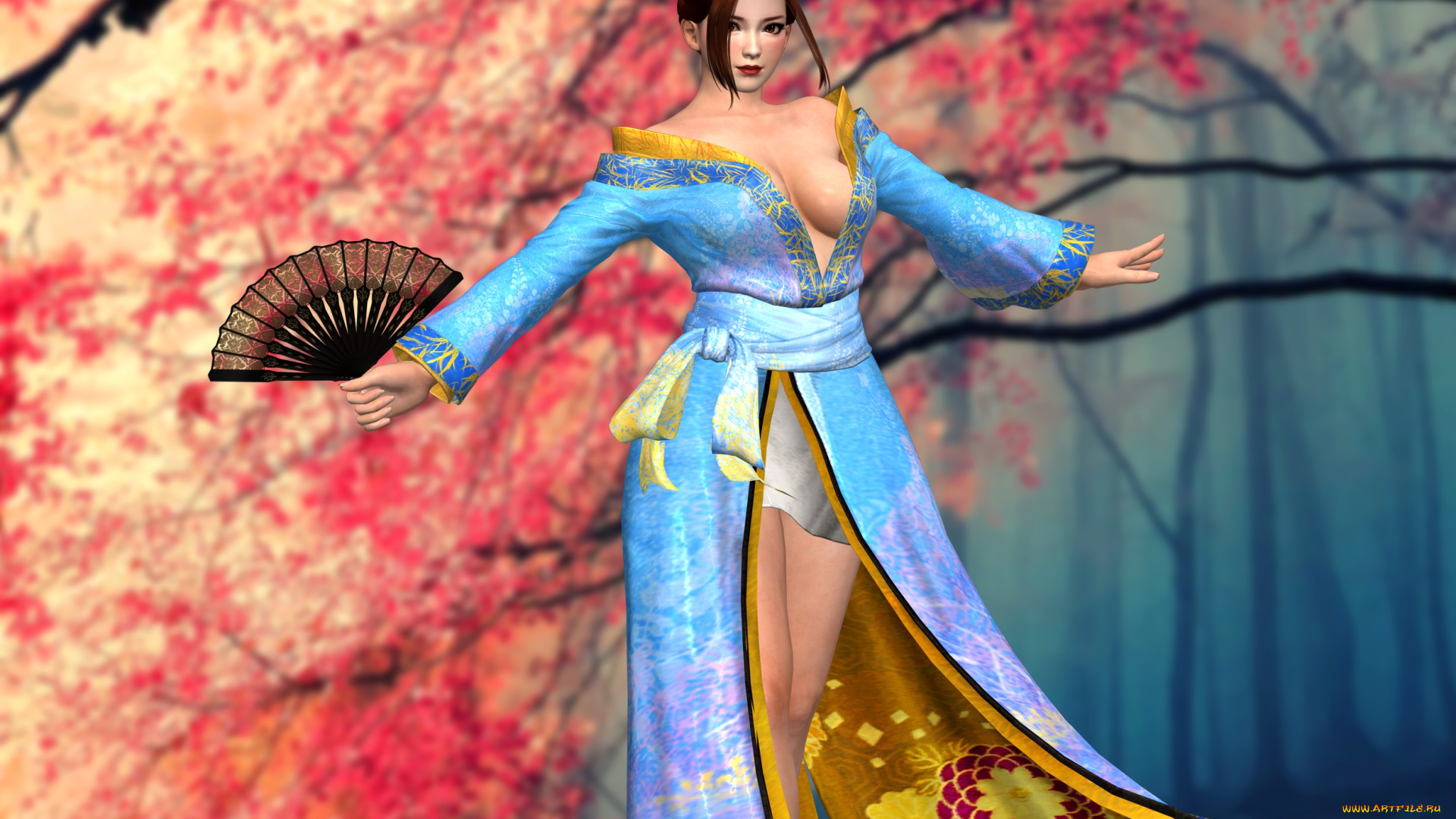 3д, графика, люди, , people, кимоно, веер, фон, взгляд, девушка