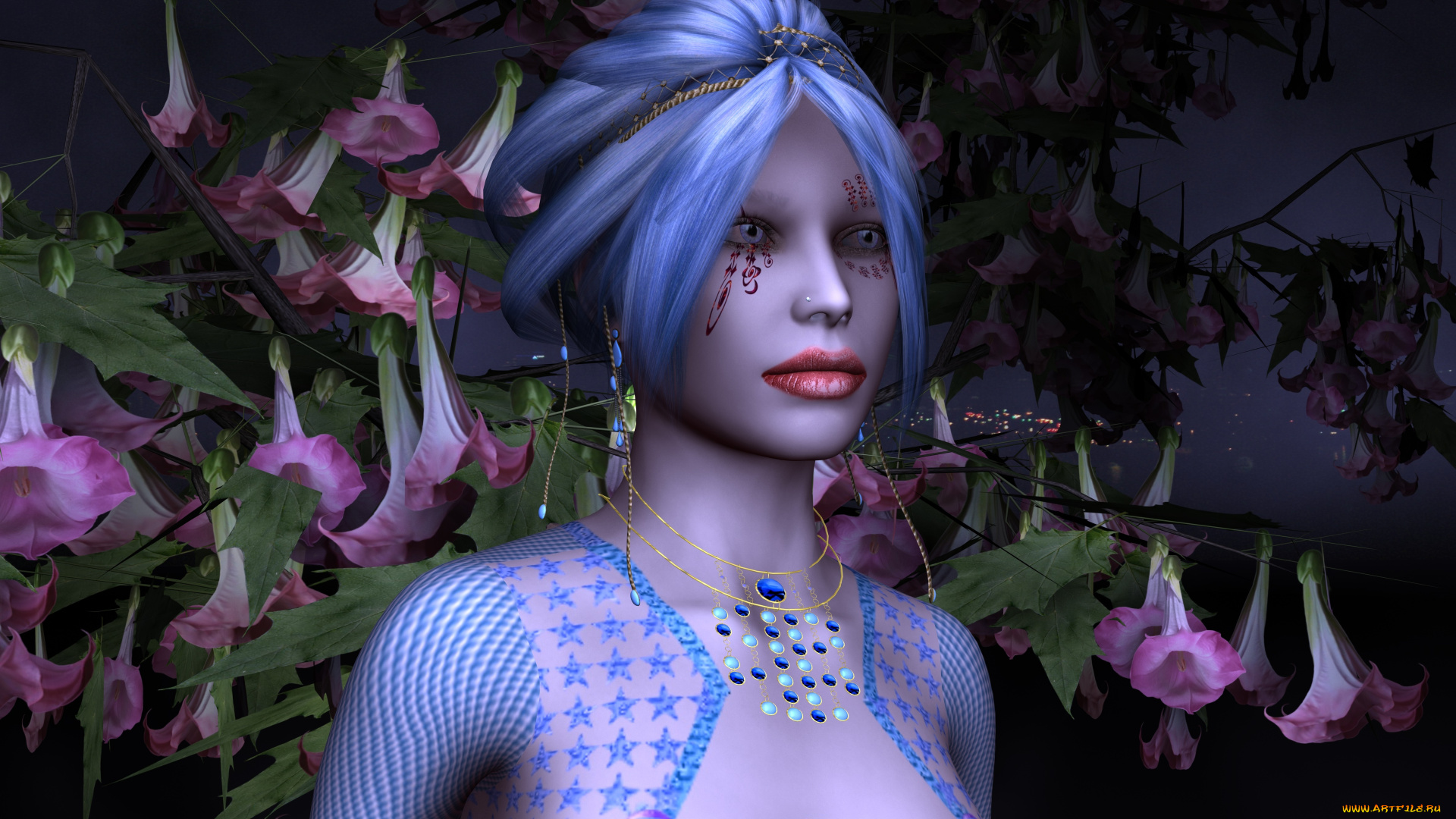 3д, графика, портрет, , portraits, девушка, взгляд, фон, цветы