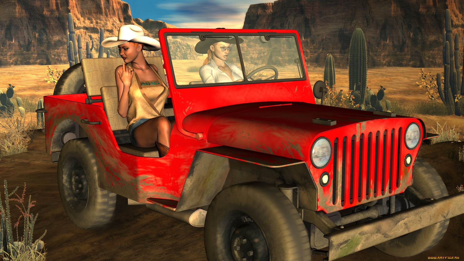 автомобили, 3d, car&girl, кактусы, автомобиль, небо, шляпа, фон, взгляд, девушки, горы, каньон