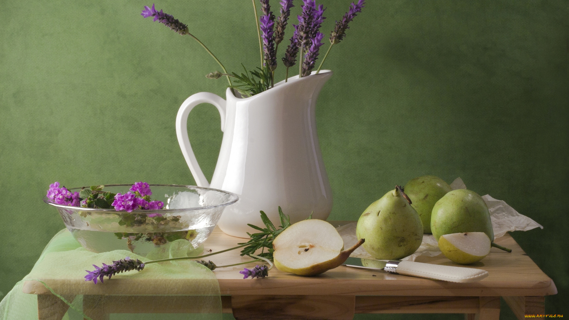 еда, груши, цветы, ваза
