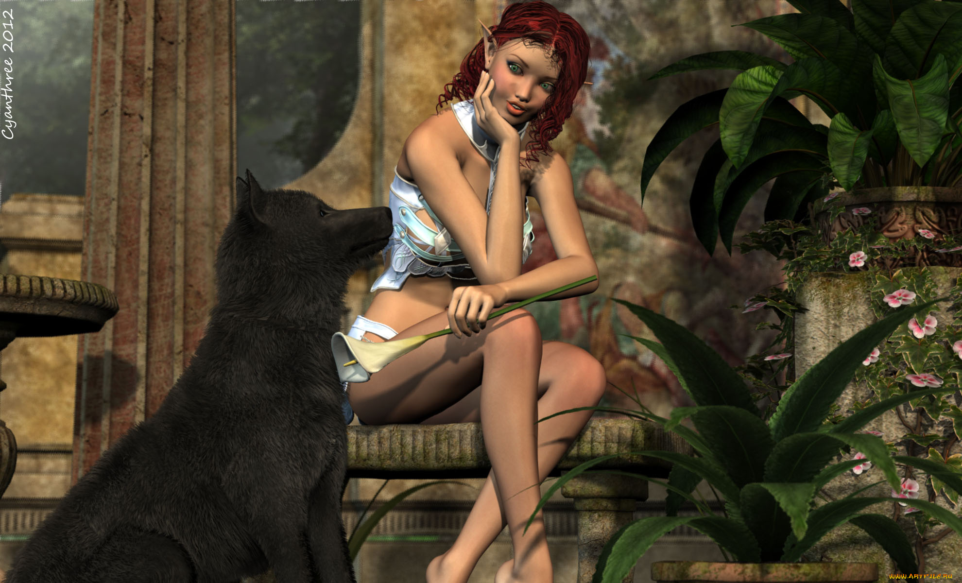 3д, графика, эльфы, , elves, эльфийка, зелень, собака, взгляд, фон