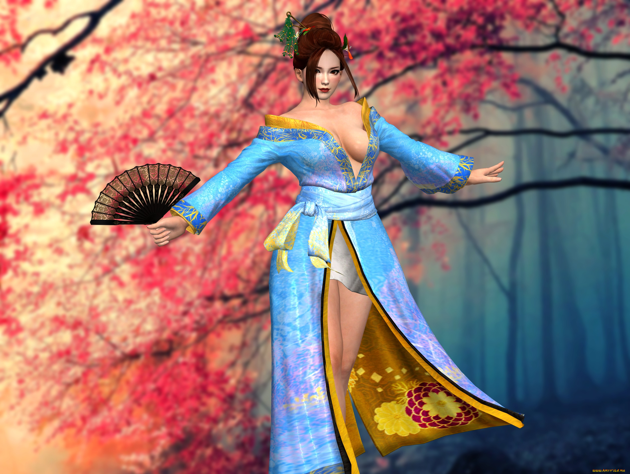 3д, графика, люди, , people, кимоно, веер, фон, взгляд, девушка