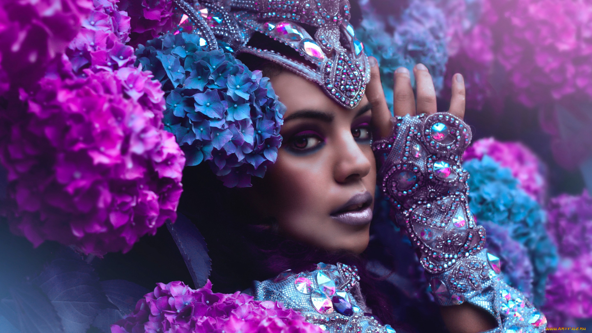 девушки, -unsort, , креатив, взгляд, девушка, стиль, гортензия, цветы, украшения, макияж, лицо