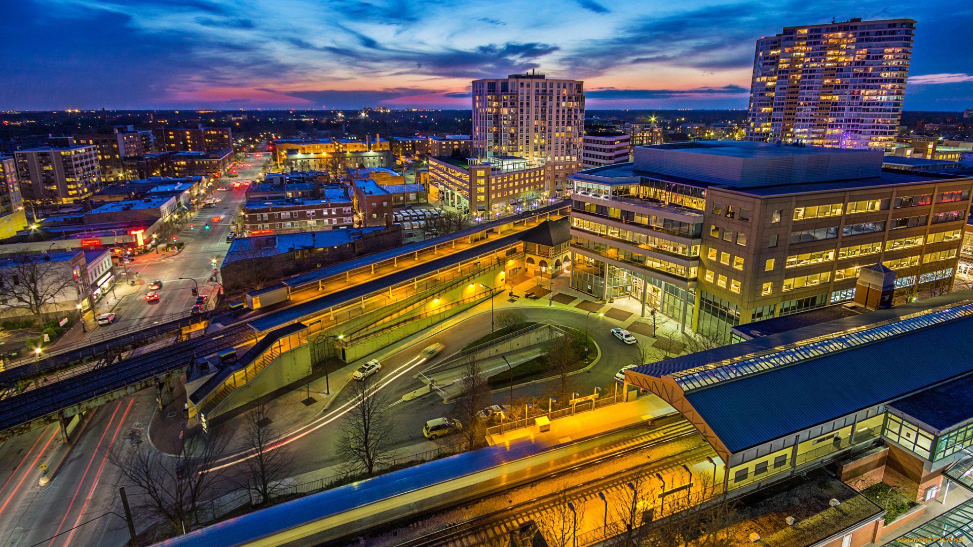 aerial, evanston, города, -, огни, ночного, города, рассвет