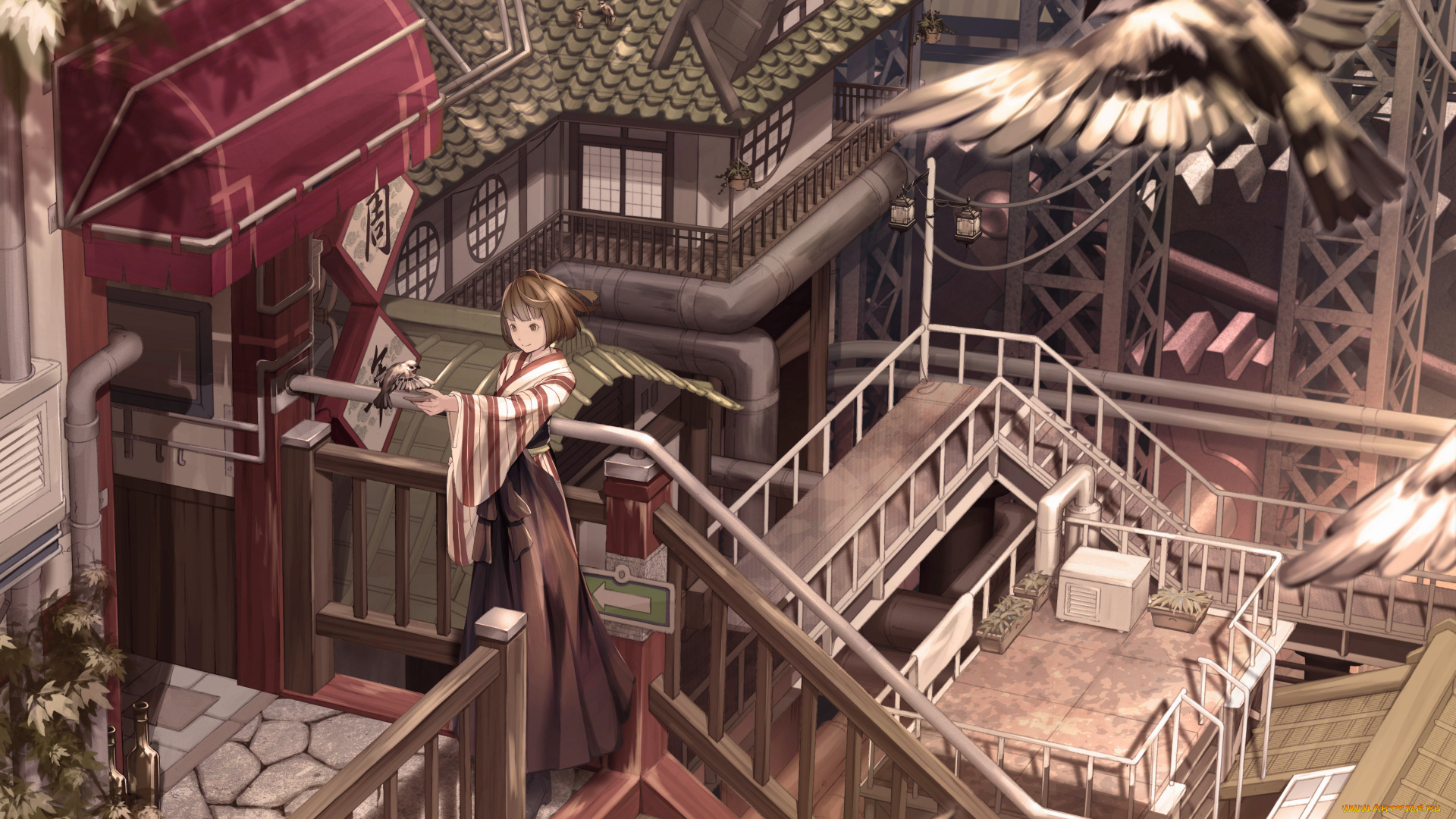 аниме, город, , улицы, , здания, девушка, взгляд, фон