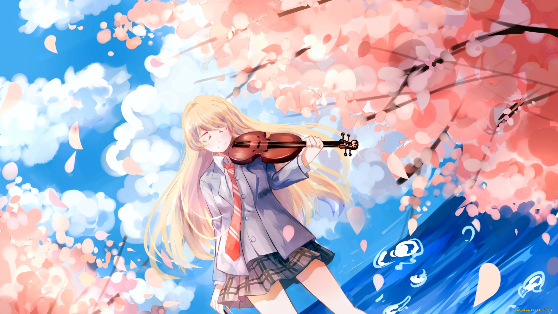 аниме, shigatsu, wa, kimi, no, uso, девушка, взгляд, фон