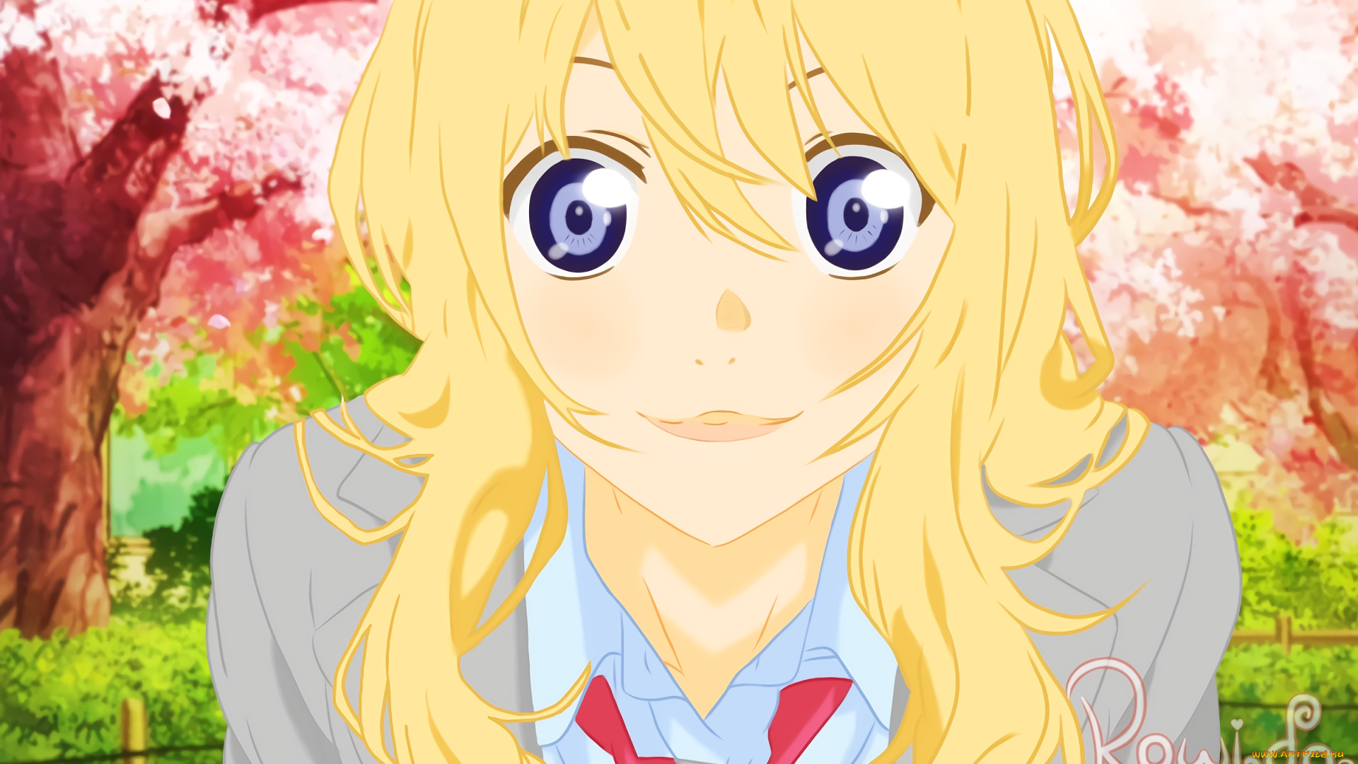 аниме, shigatsu, wa, kimi, no, uso, взгляд, девушка, фон