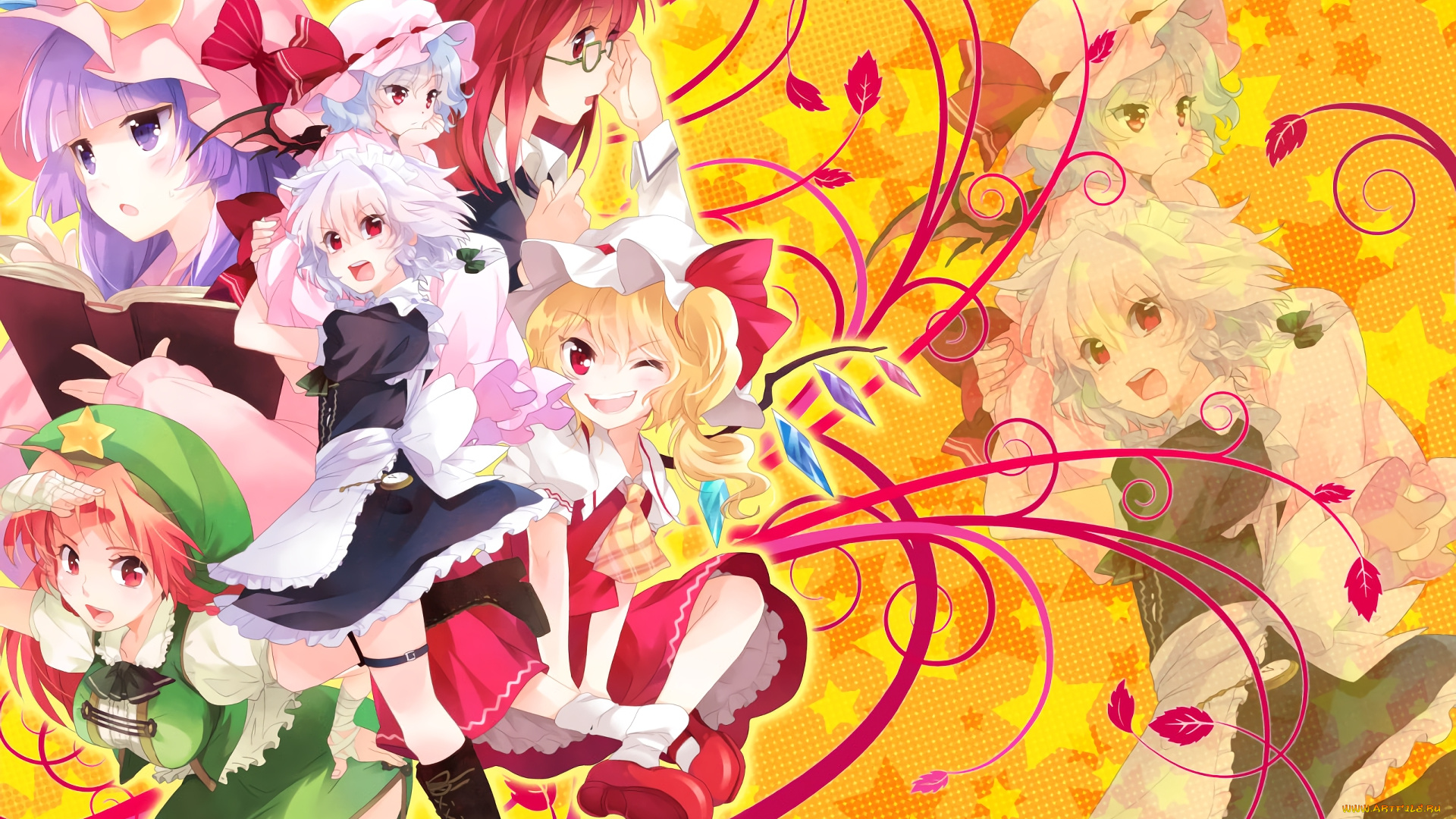 аниме, touhou, взгляд, девушки, фон