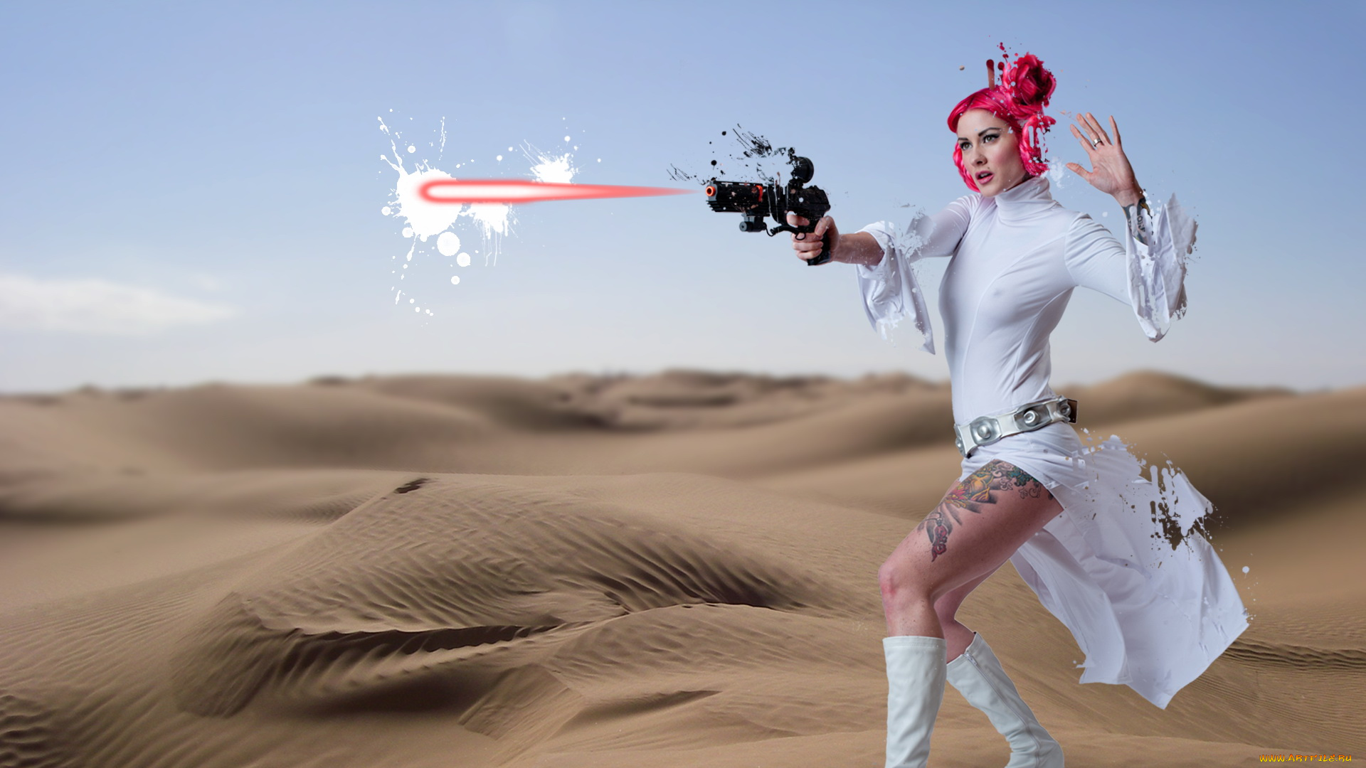 разное, cosplay, , косплей, девушка, тату, униформа, пистолет, фон