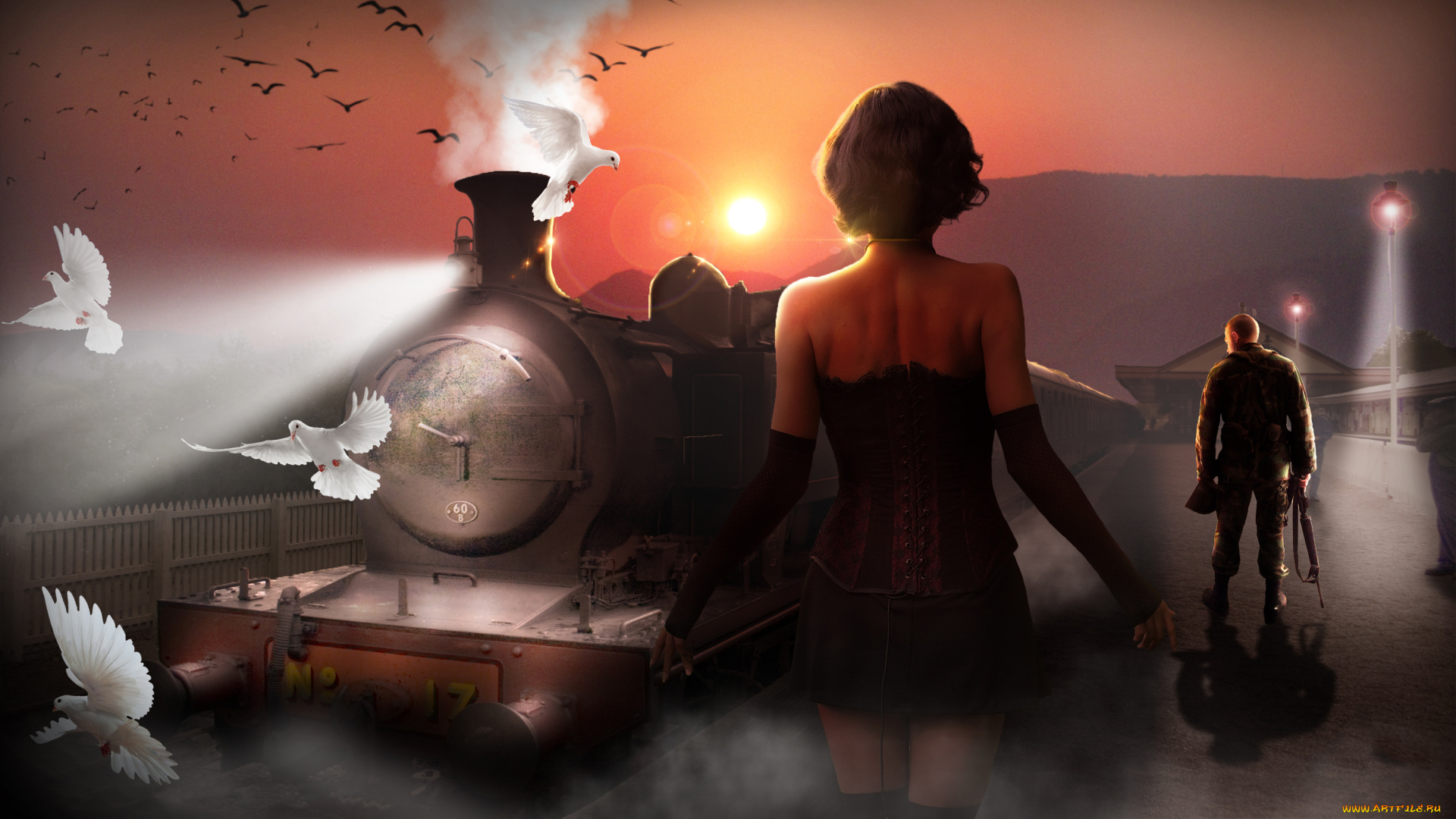разное, компьютерный, дизайн, голуби, девушка, мужчина, поезд