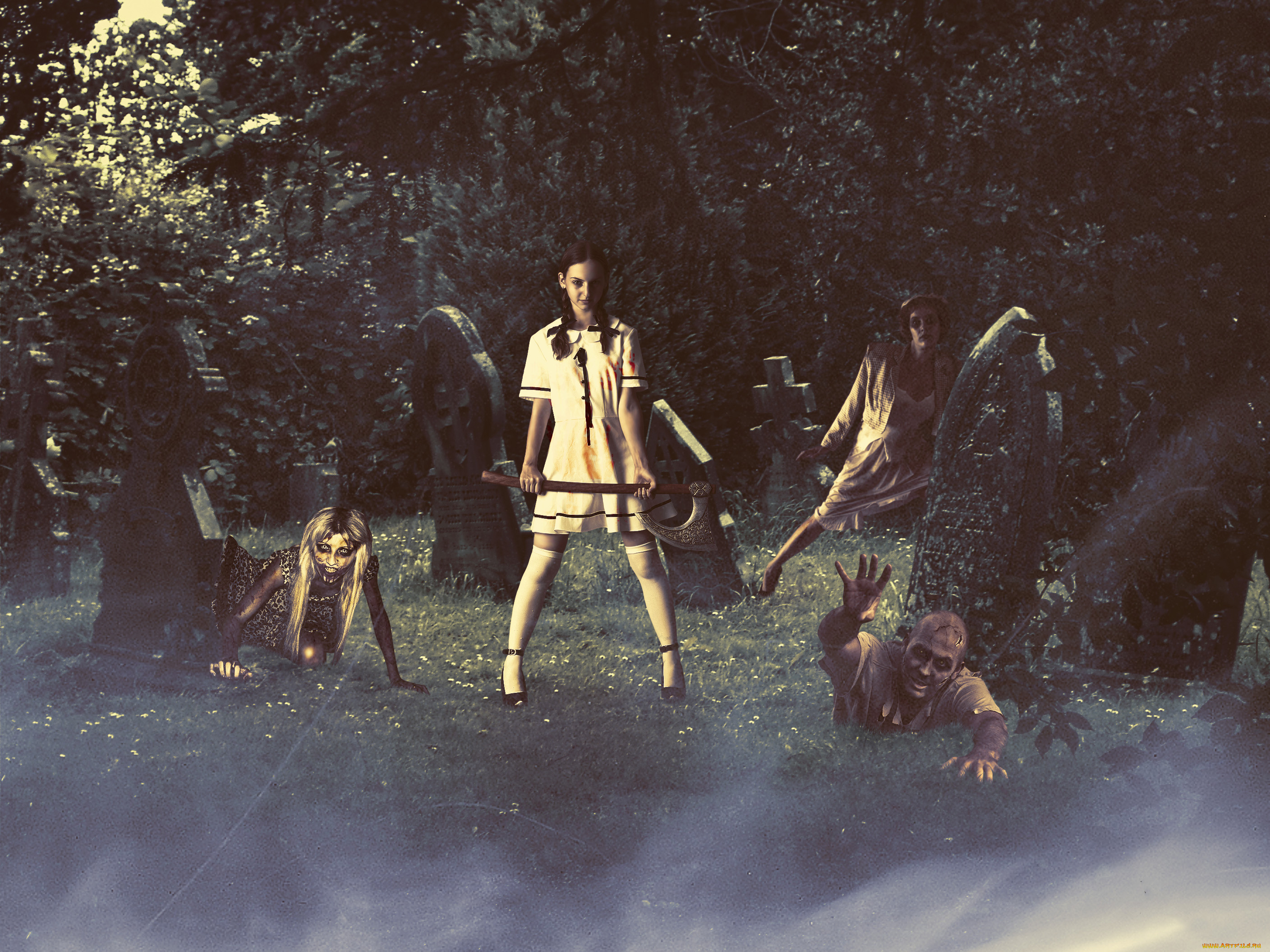 разное, компьютерный, дизайн, фон, взгляд, девушка, памятник, топор, нежить