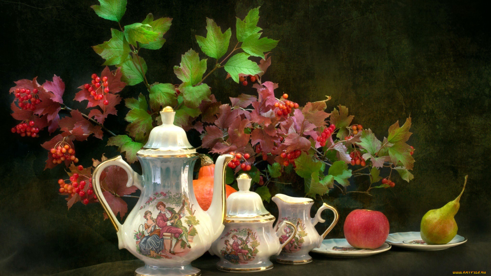 еда, натюрморт, яблоко, груша, чайный, сервиз, боярышник