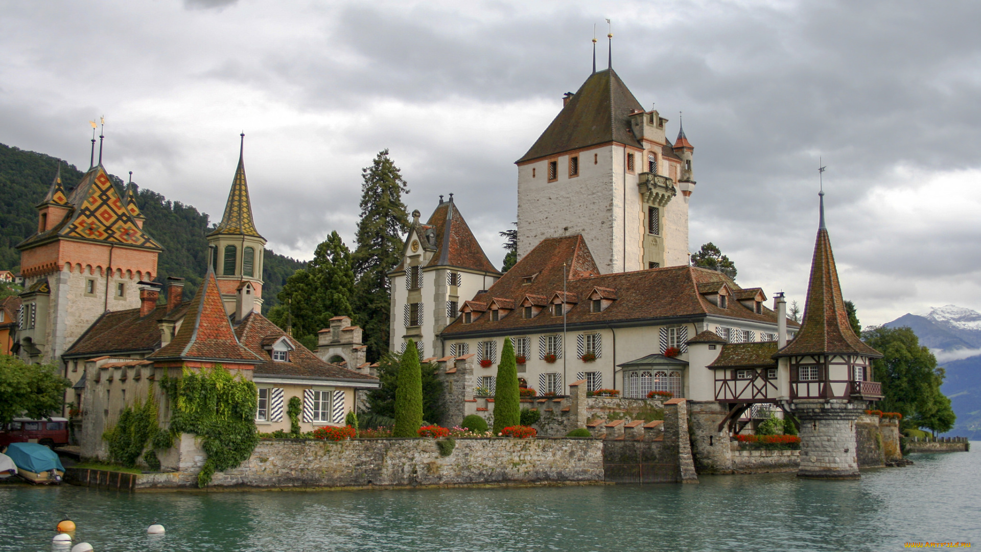 oberhofen, castle, lake, thun, города, замок, оберхофен, , швейцария, простор
