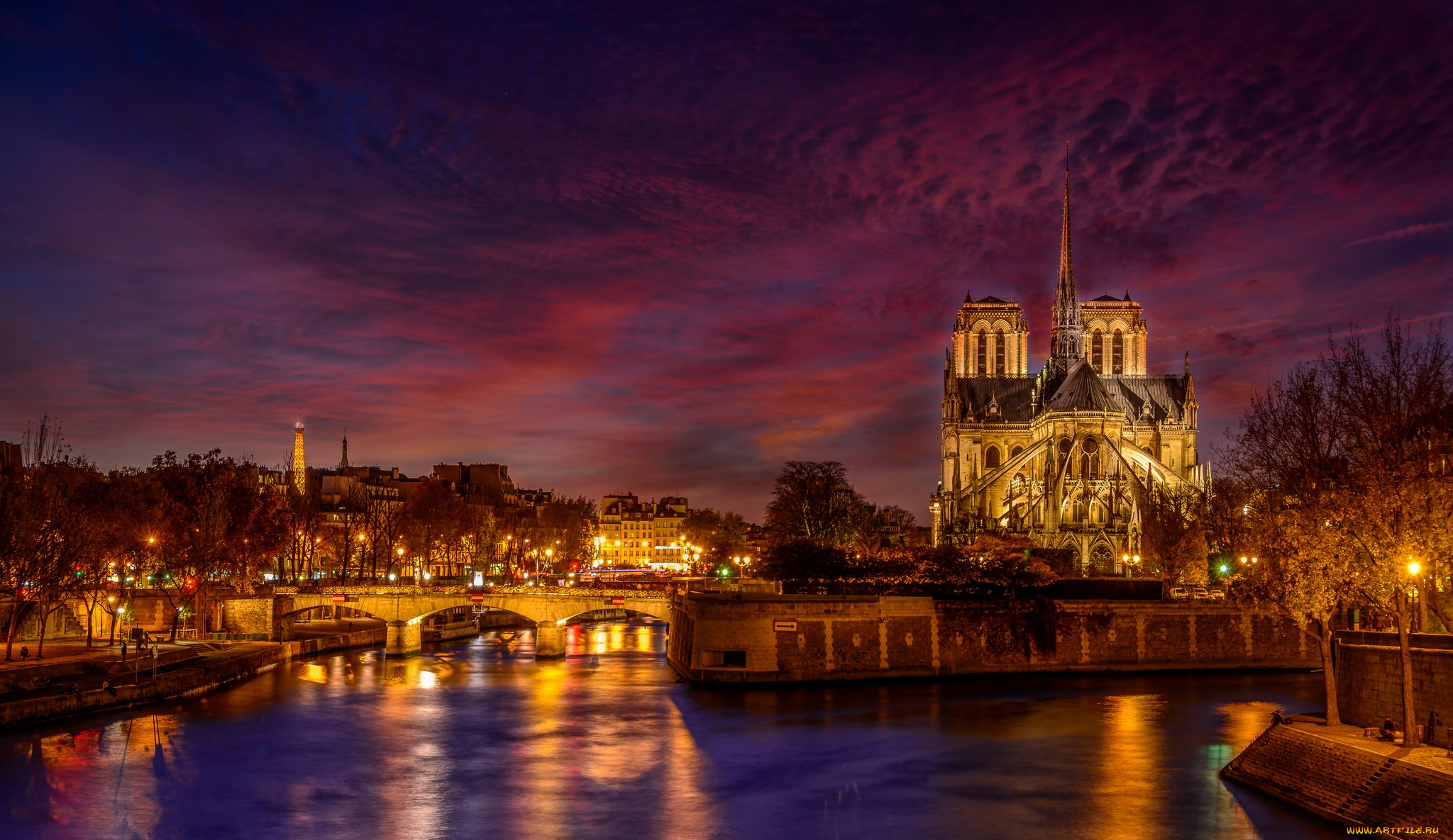 notre, dame, города, париж, , франция, собор, ночь