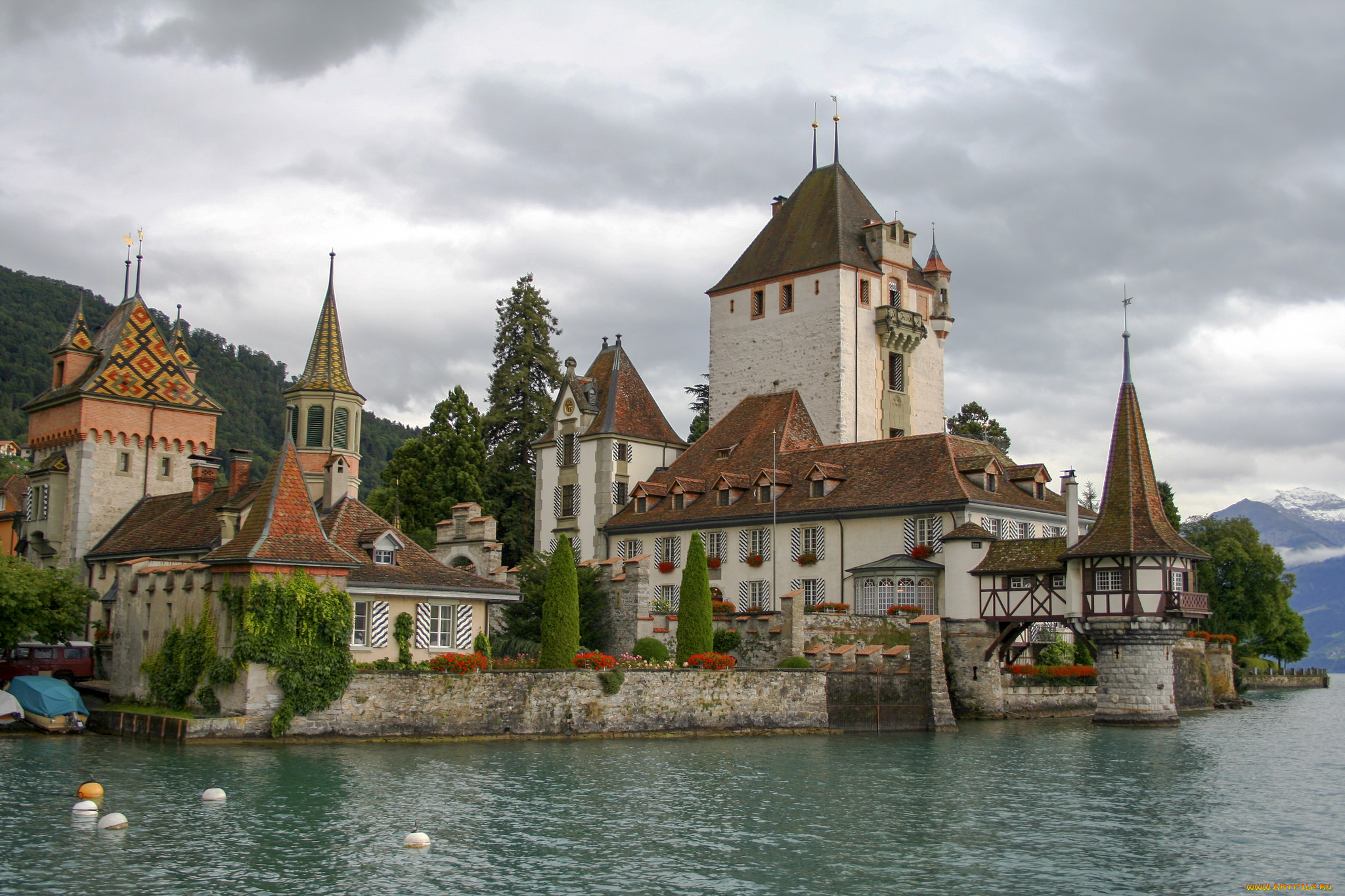 oberhofen, castle, lake, thun, города, замок, оберхофен, , швейцария, простор