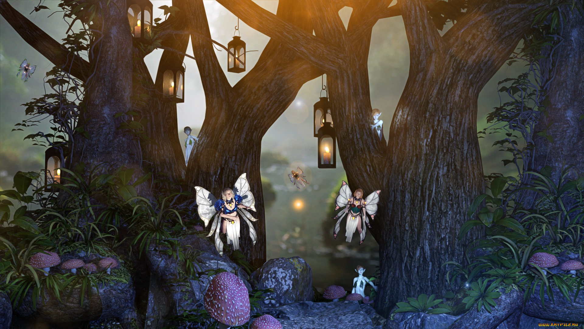 3д, графика, эльфы, , elves, лес, феи