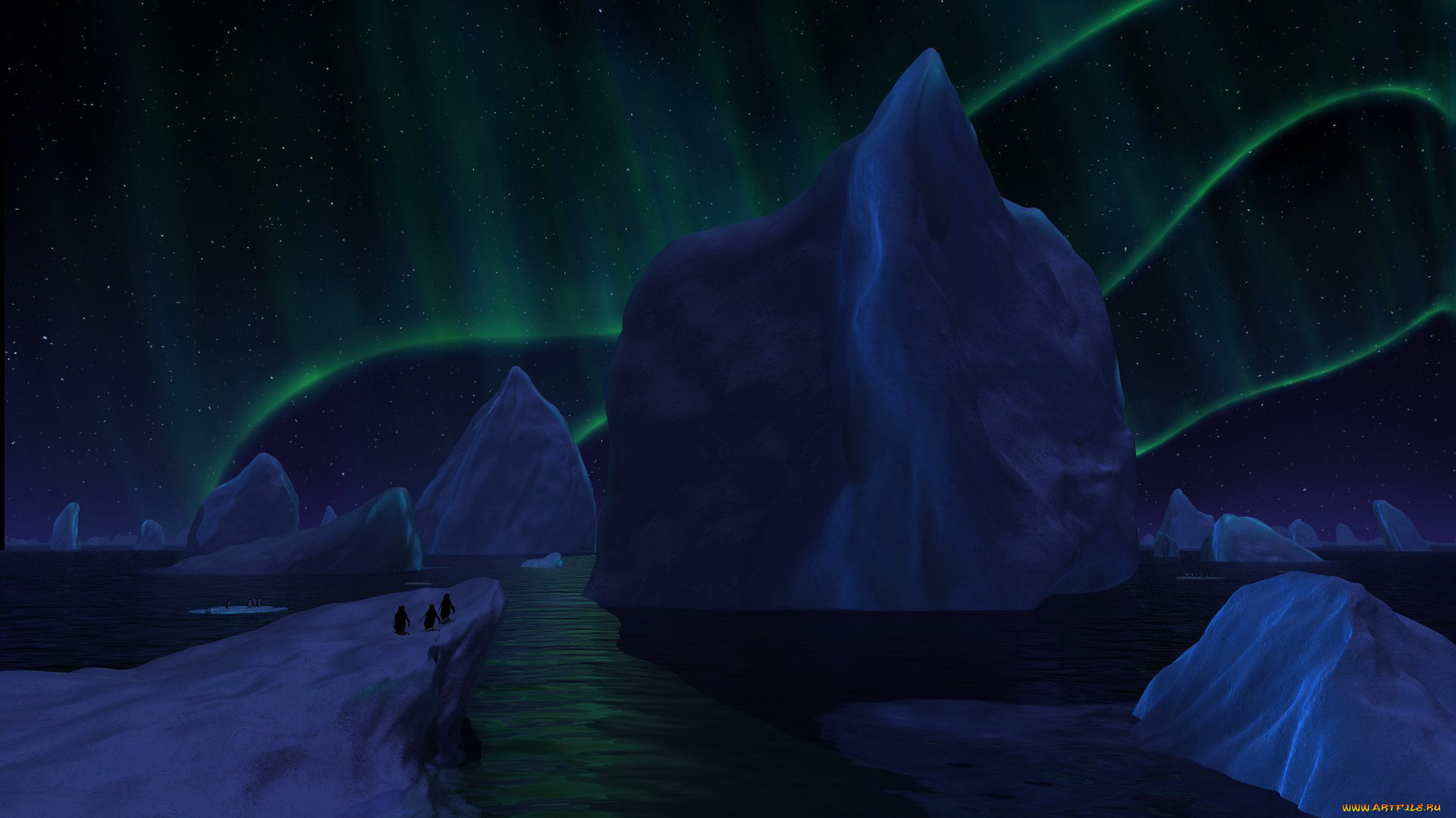 3д, графика, природа, , nature, северное, сияние, айсберги, льдины, море, пингвины