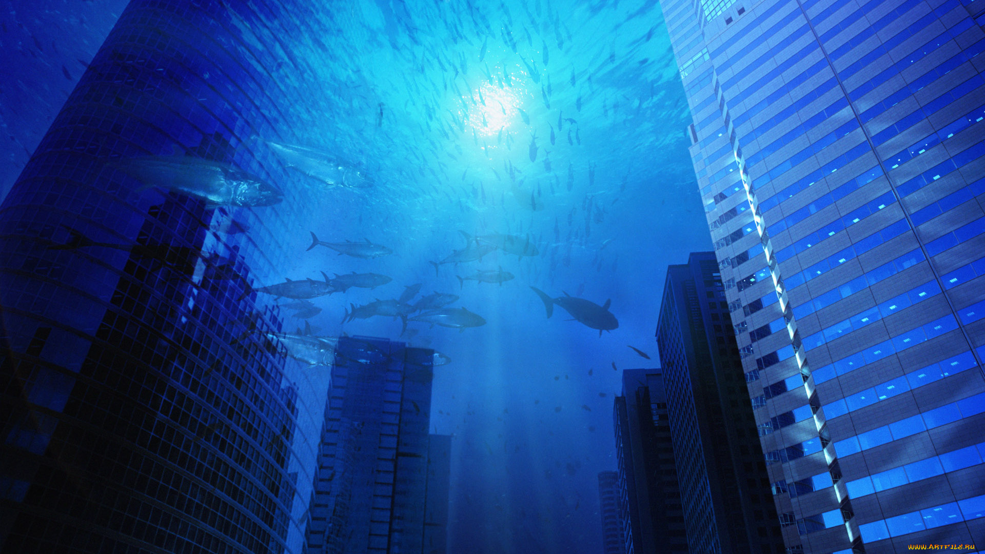 3д, графика, _science, fiction, город, дома, улица, рыбы, море