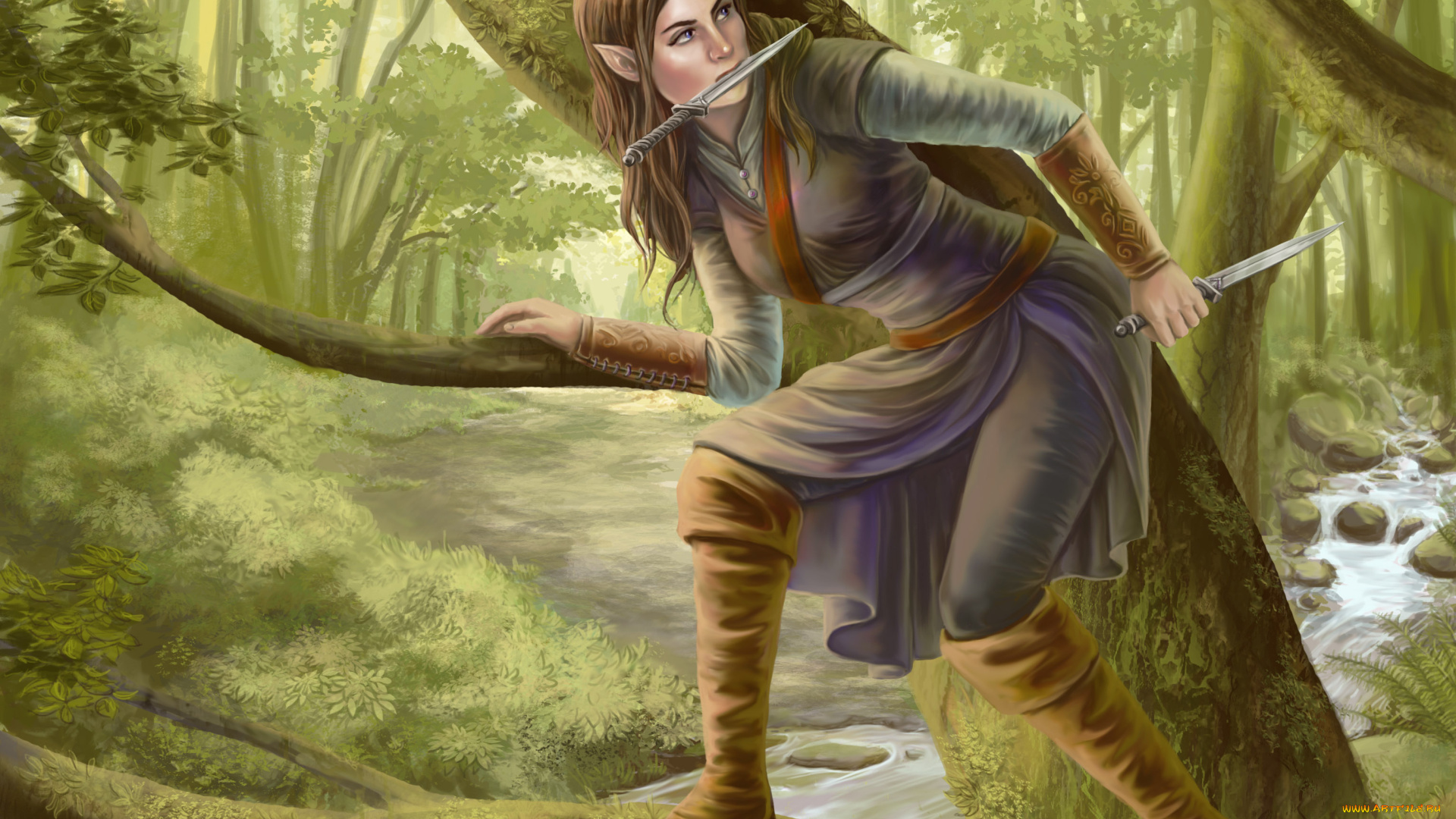 фэнтези, эльфы, девушка, фон, дерево, кинжал