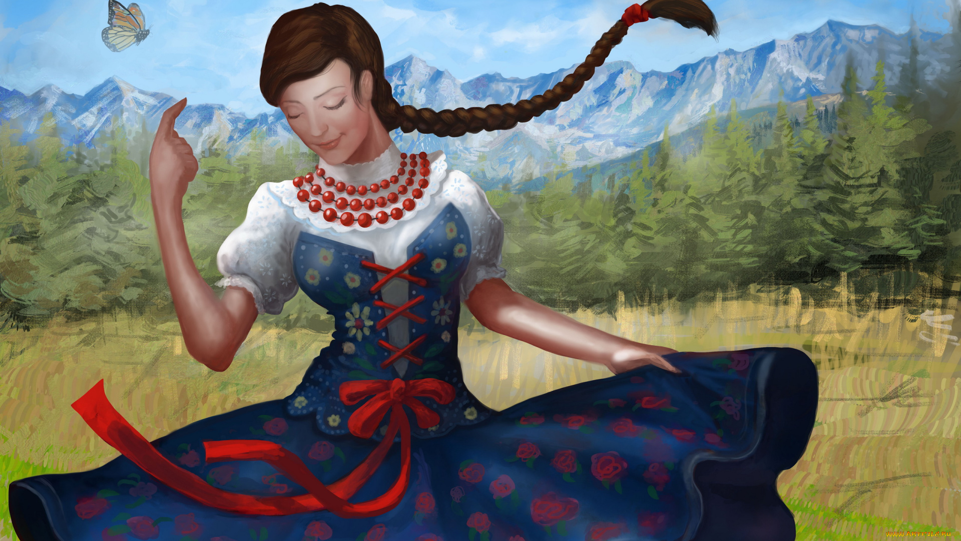 рисованное, люди, девушка, фон, бабочка, платье