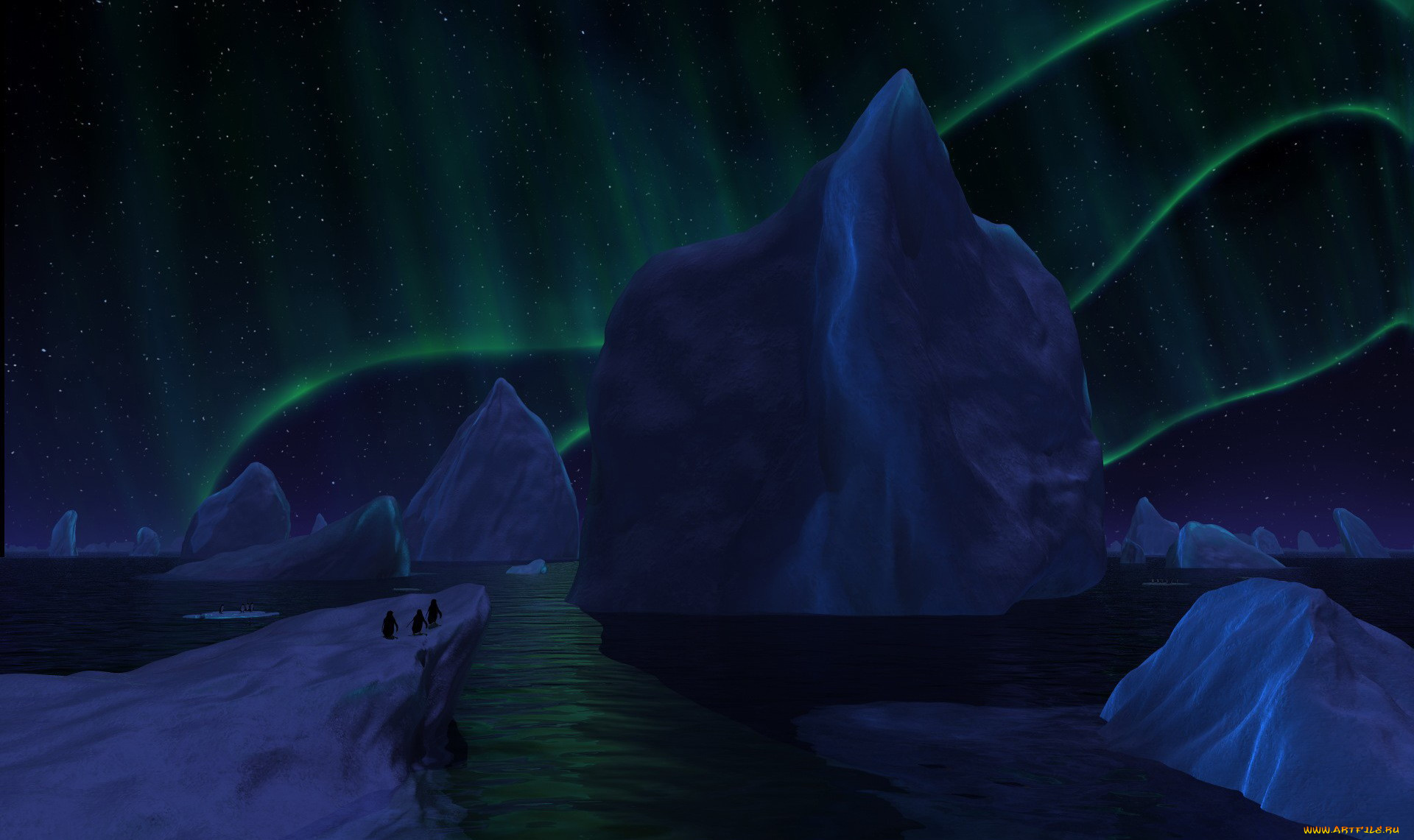 3д, графика, природа, , nature, северное, сияние, айсберги, льдины, море, пингвины