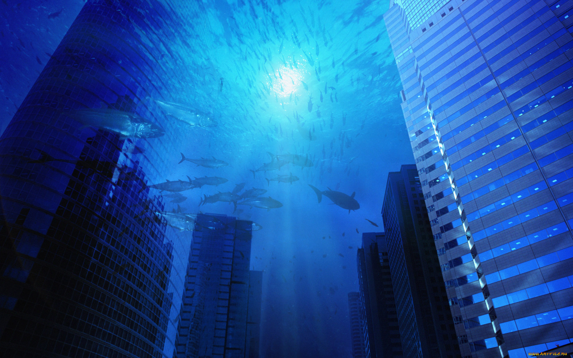 3д, графика, _science, fiction, город, дома, улица, рыбы, море