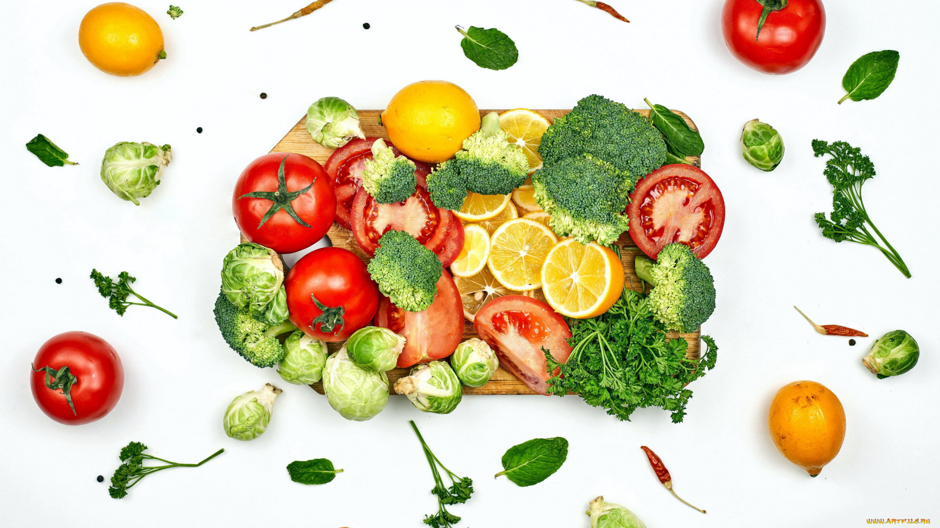 еда, фрукты, и, овощи, вместе, лимоны, помидоры, брокколи