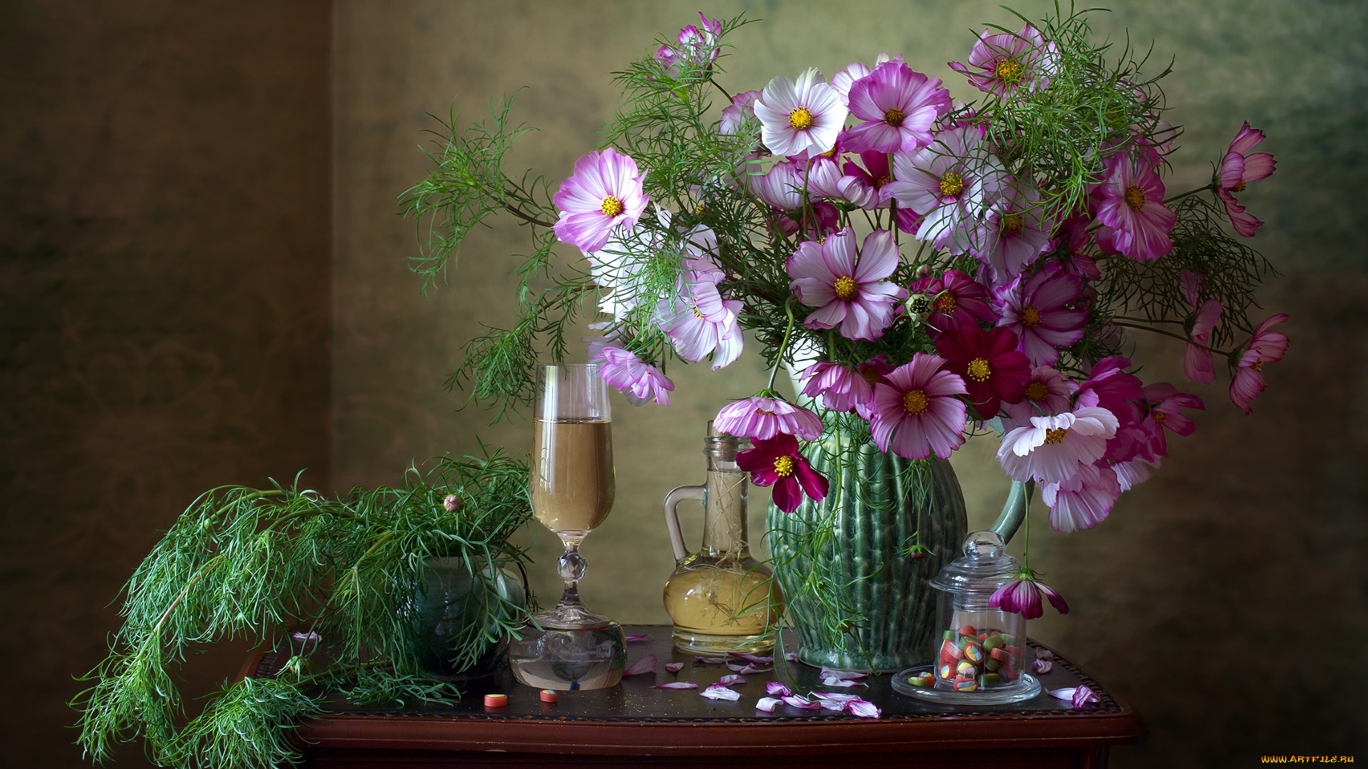 еда, натюрморт, космея, букет, вино, конфеты