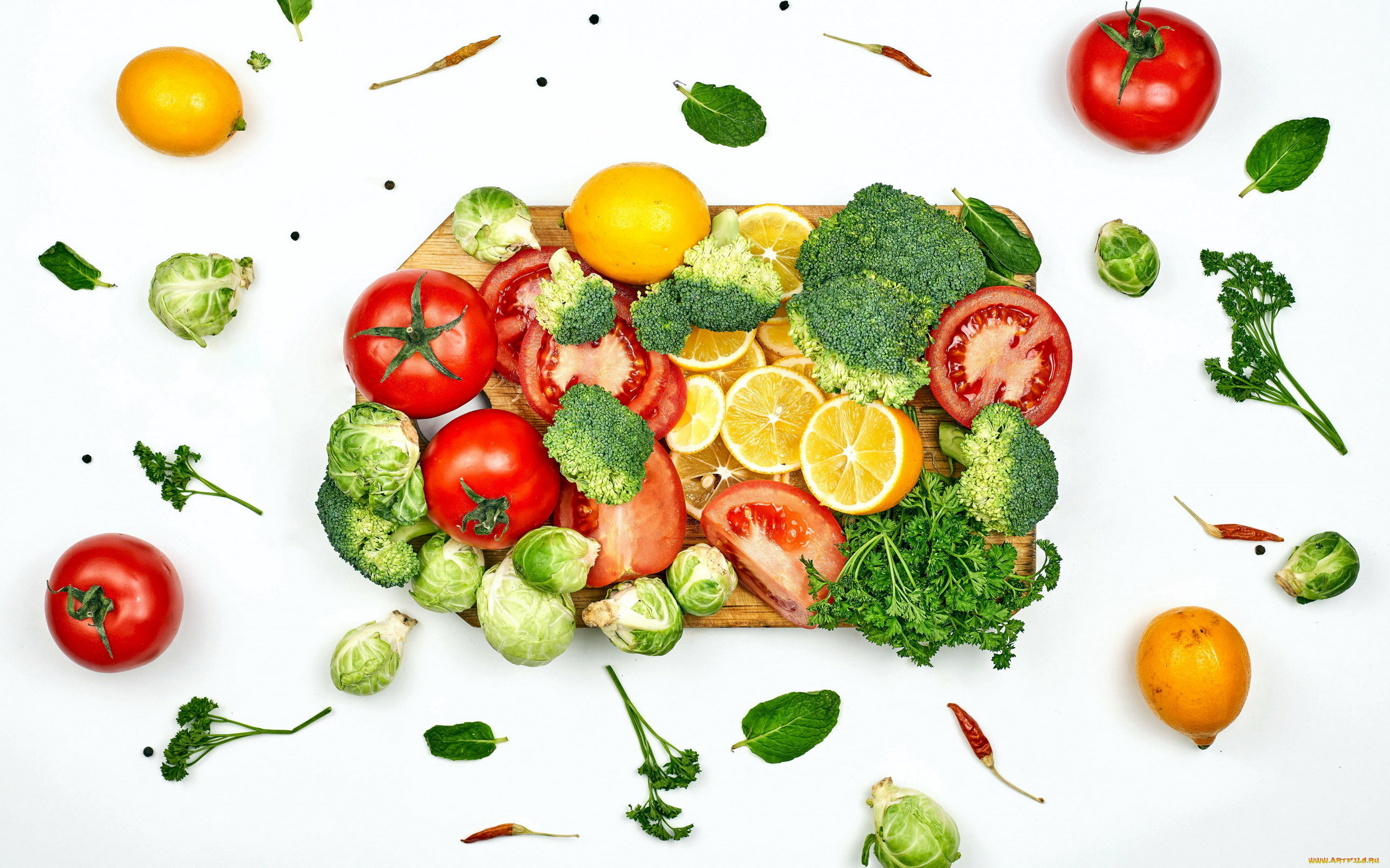 еда, фрукты, и, овощи, вместе, лимоны, помидоры, брокколи