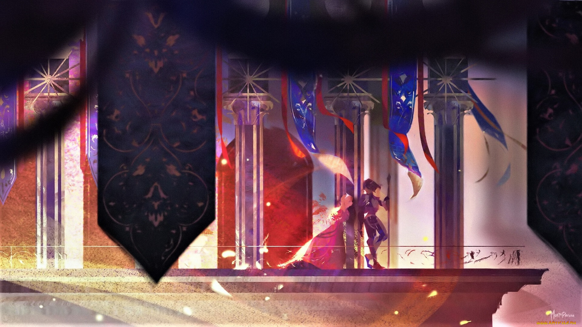 аниме, город, , улицы, , интерьер, , здания, пара, дворец