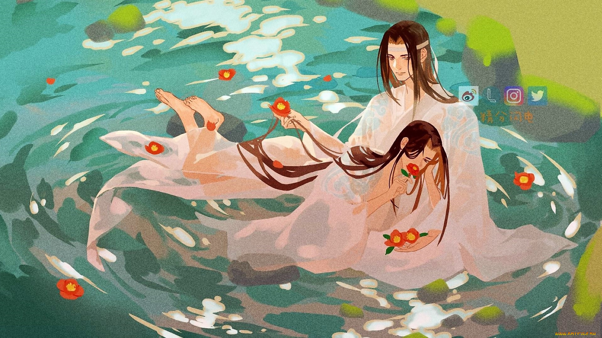 аниме, mo, dao, zu, shi, вэй, усянь, лань, ванцзы, озеро, цветы