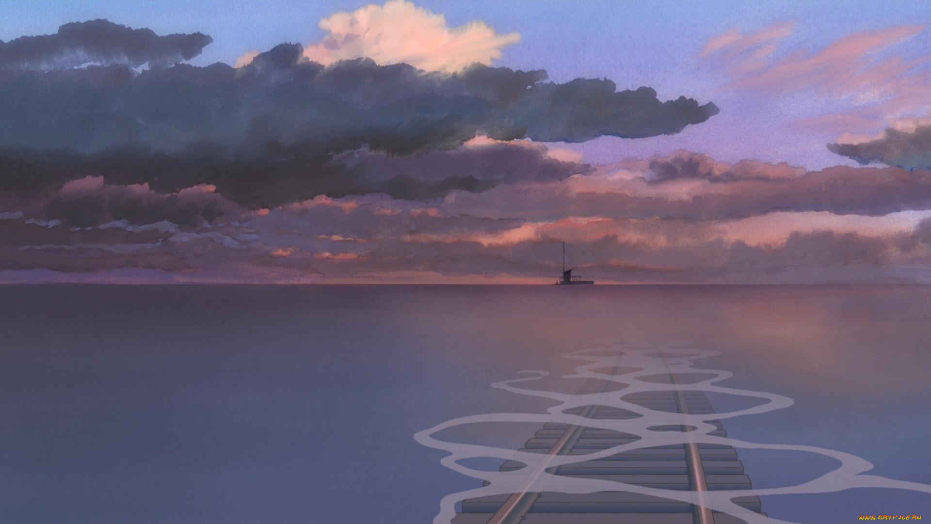 аниме, spirited, away, море, дорога, небо, тучи