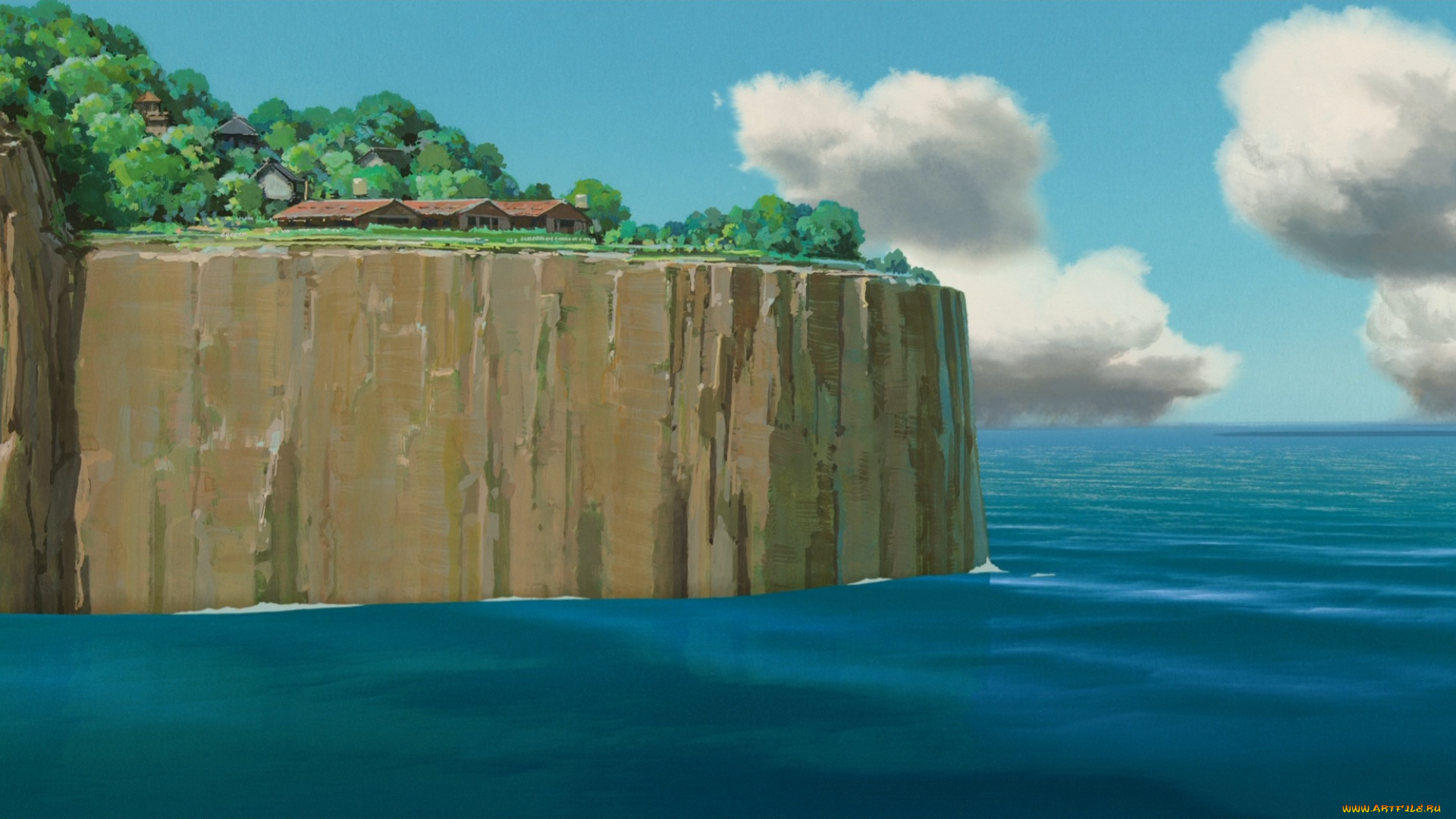 аниме, spirited, away, море, обрыв, дома, облака
