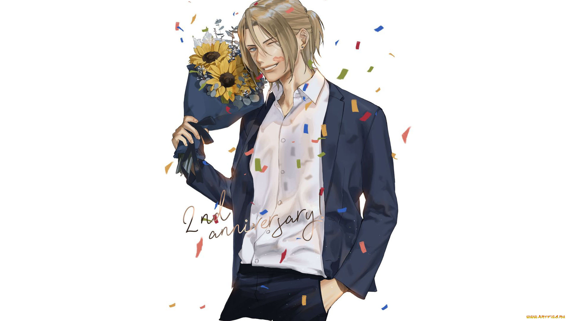 аниме, unknown, , другое, , парень, букет, конфетти