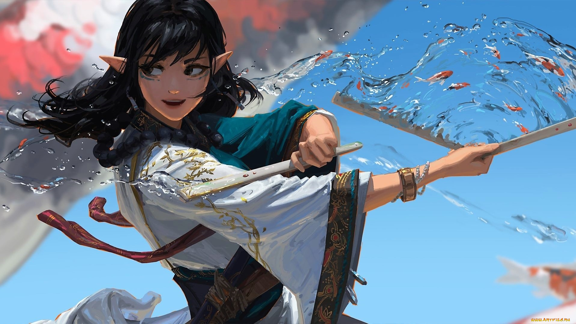 аниме, животные, , существа, девушка, веера, рыбки, магия