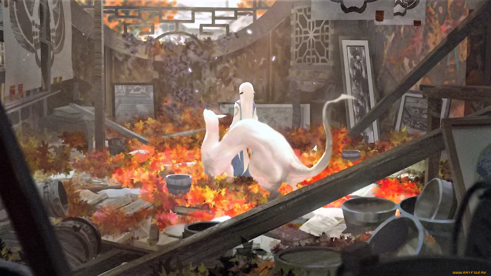 аниме, животные, , существа, девушка, животное, предметы, листья, осень