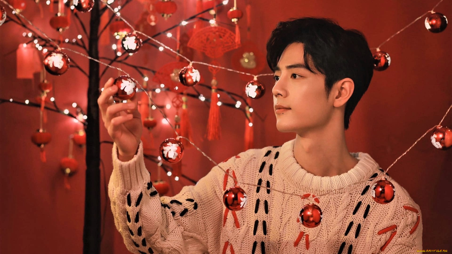 мужчины, xiao, zhan, актер, свитер, дерево, шарики, украшения
