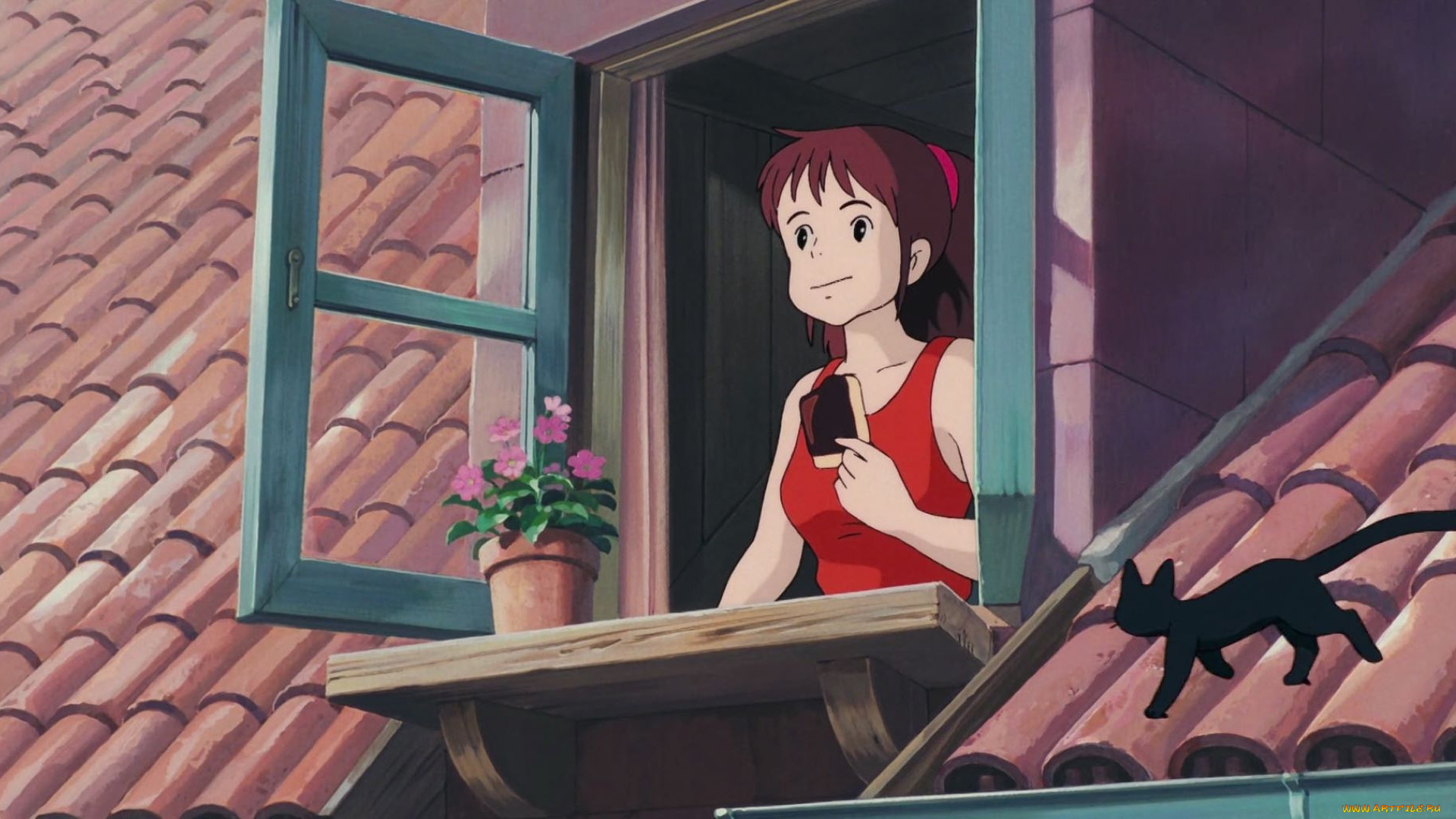 ведьмина, служба, доставки, аниме, kiki`s, delivery, service, девушка, окно, крыша, кошка