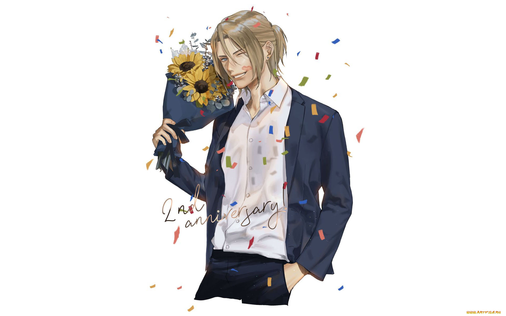 аниме, unknown, , другое, , парень, букет, конфетти