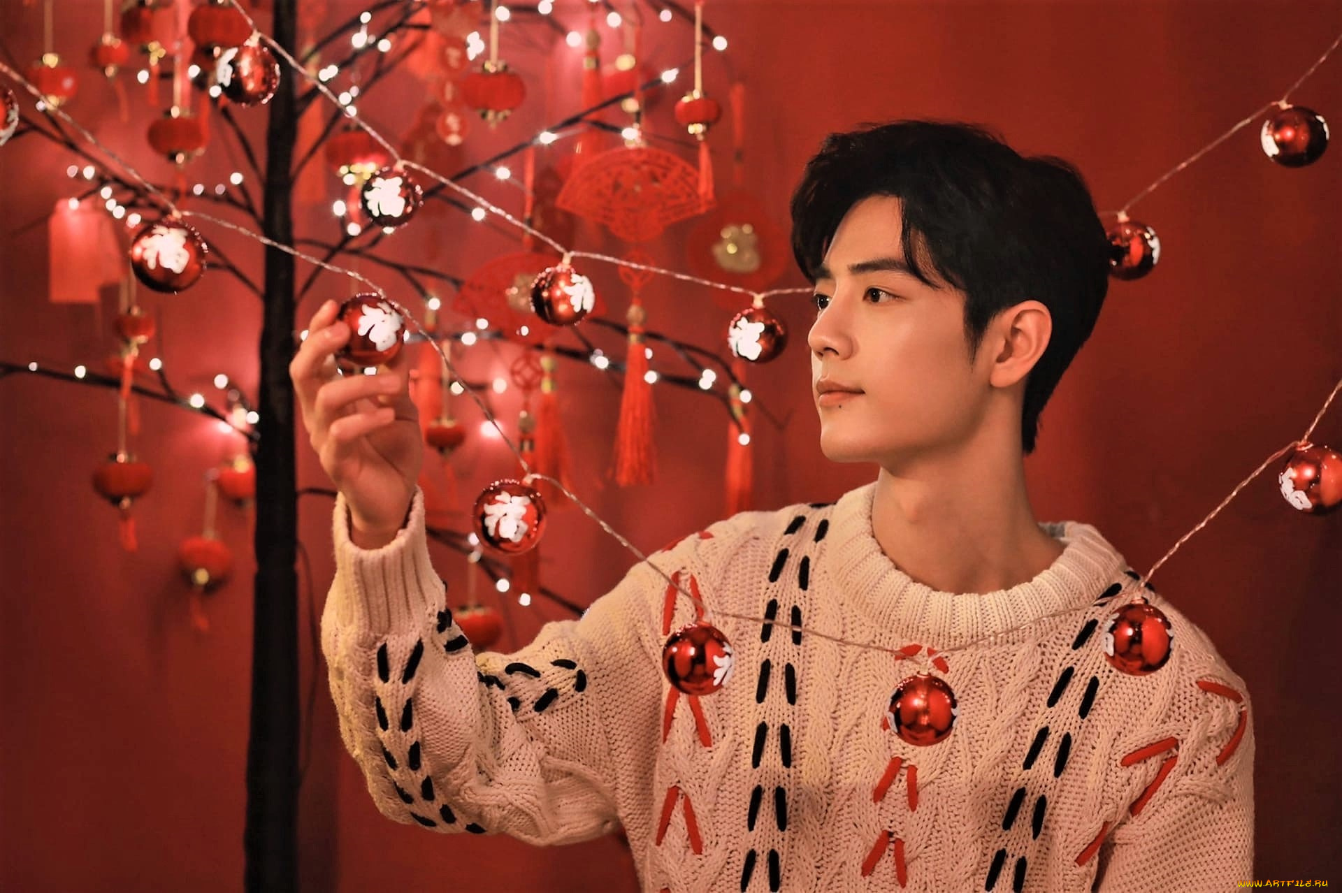 мужчины, xiao, zhan, актер, свитер, дерево, шарики, украшения