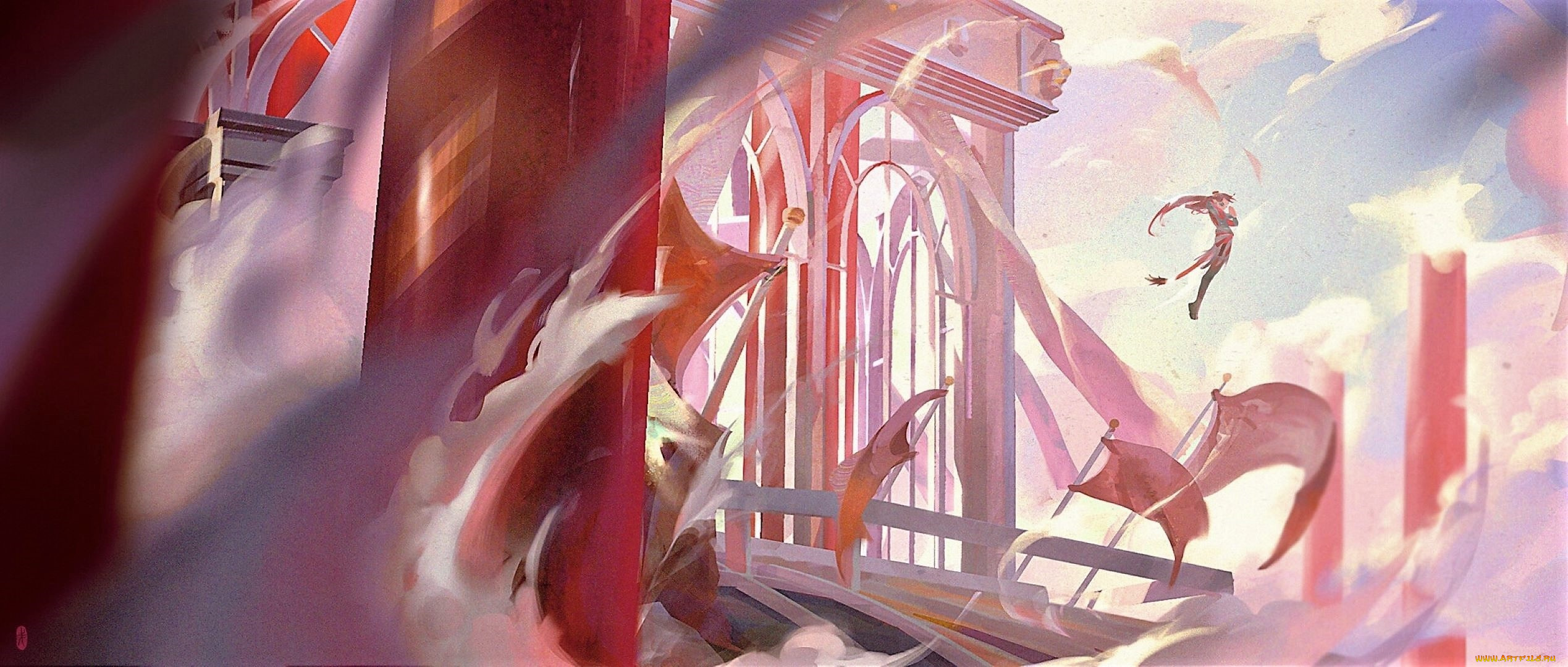 аниме, город, , улицы, , интерьер, , здания, человек, дворец, флаги