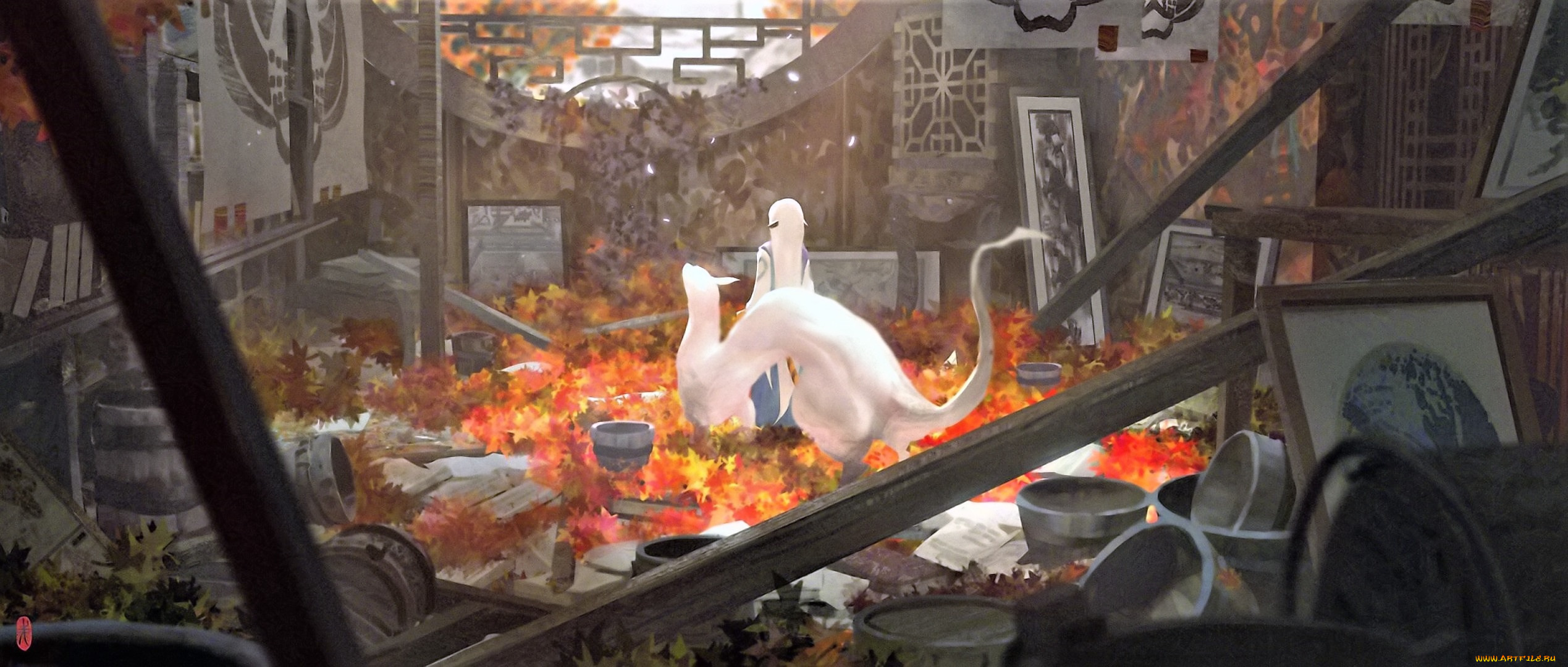 аниме, животные, , существа, девушка, животное, предметы, листья, осень