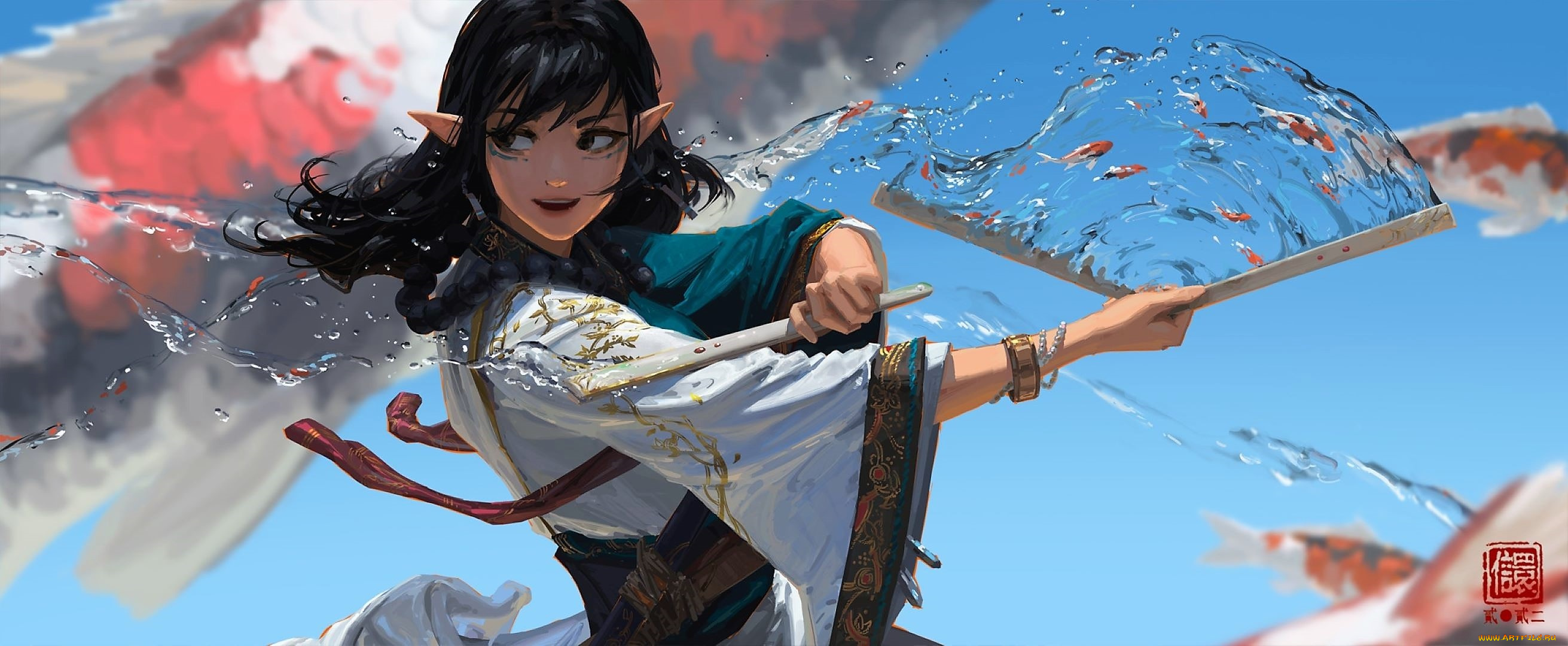 аниме, животные, , существа, девушка, веера, рыбки, магия