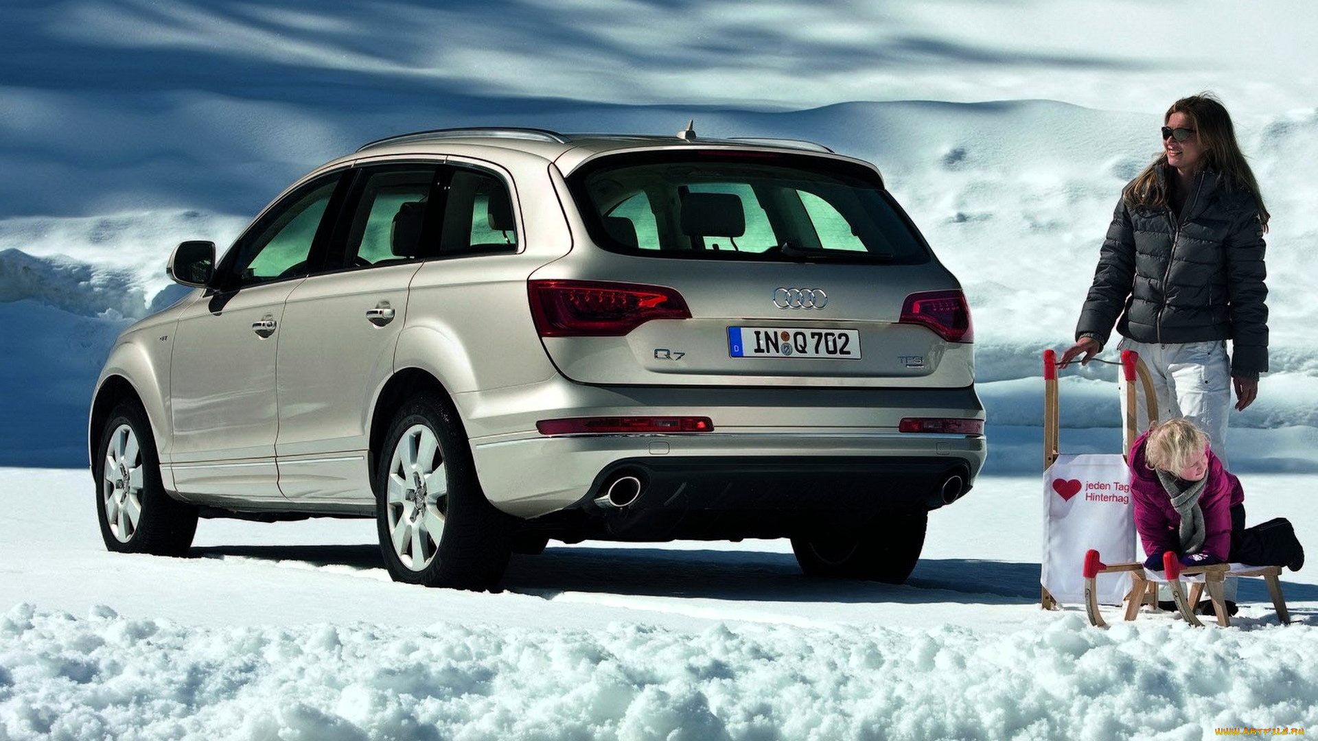 audi, q7, автомобили, audi, серебристый, снег, горы, женщина, ребенок