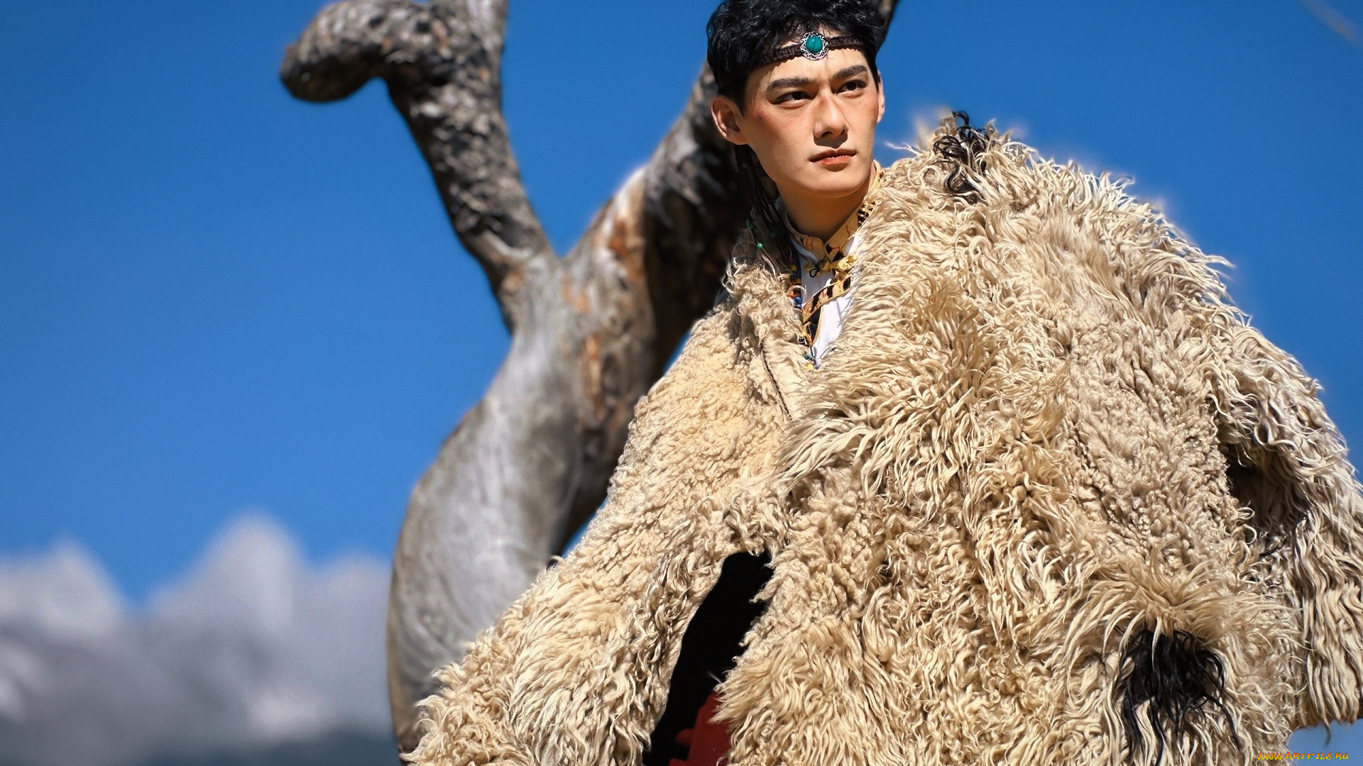 мужчины, wang, zhuocheng, актер, наряд, мех, дерево, небо